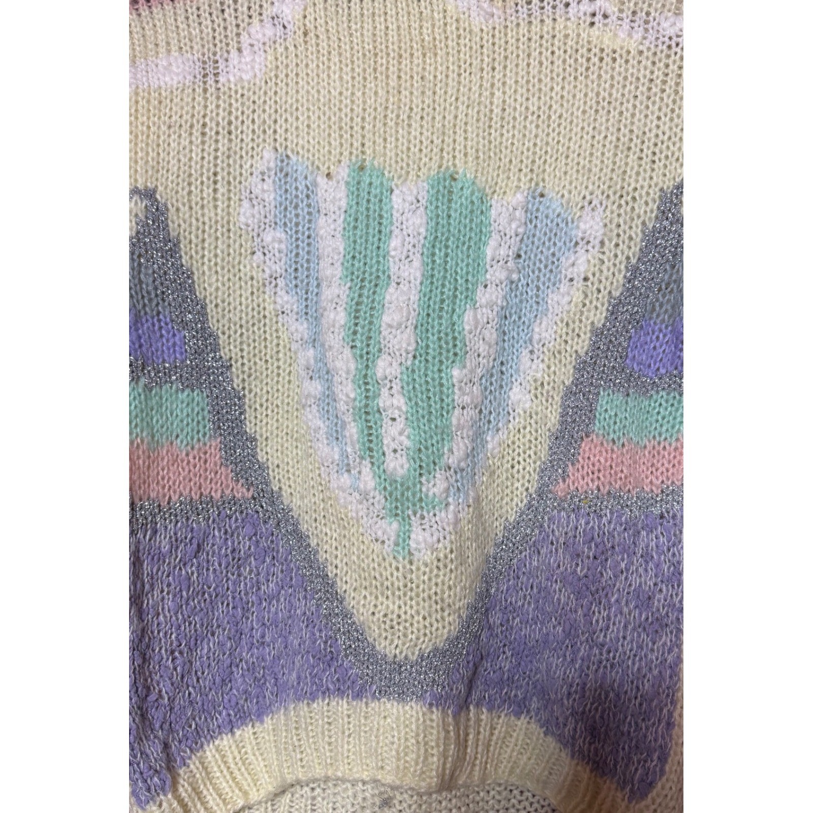 VTG Le Pull-Over Women Small 80s Pastel Knit Sweater Metallic Lurex Cream Korea