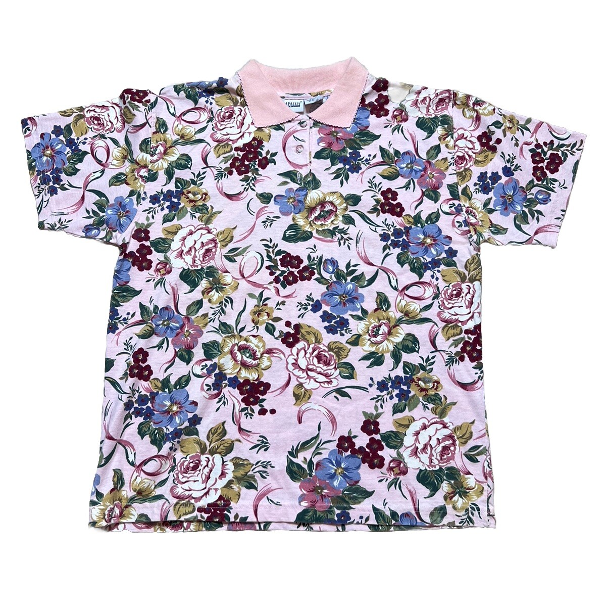 Vintage Floral Women L Pink Boxy Short Sleeve Shirt Cottagecore Eclectic Grandma