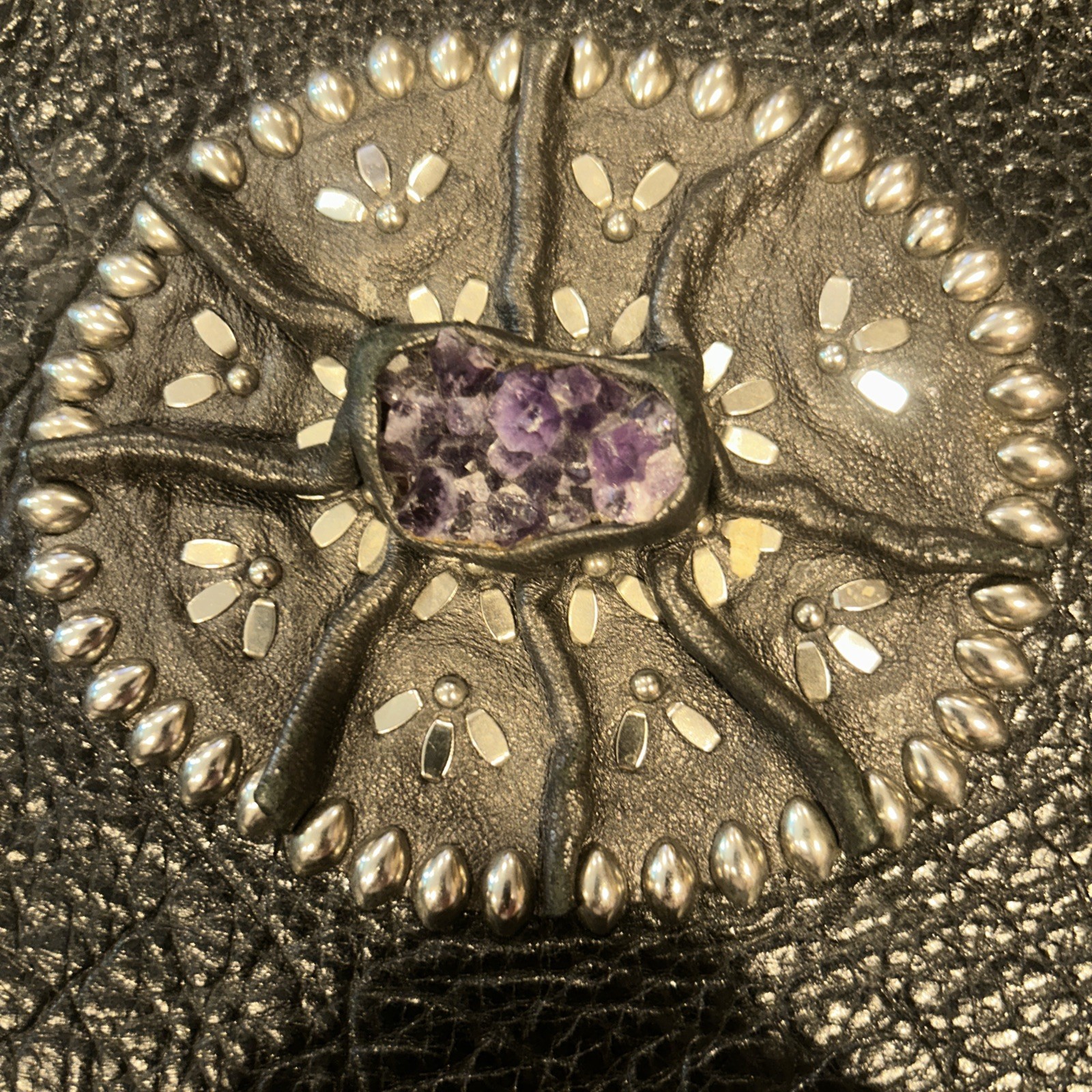 One Of A Kind, Handcrafted, Black Leather Bag Purple Crystal And Silver Accents