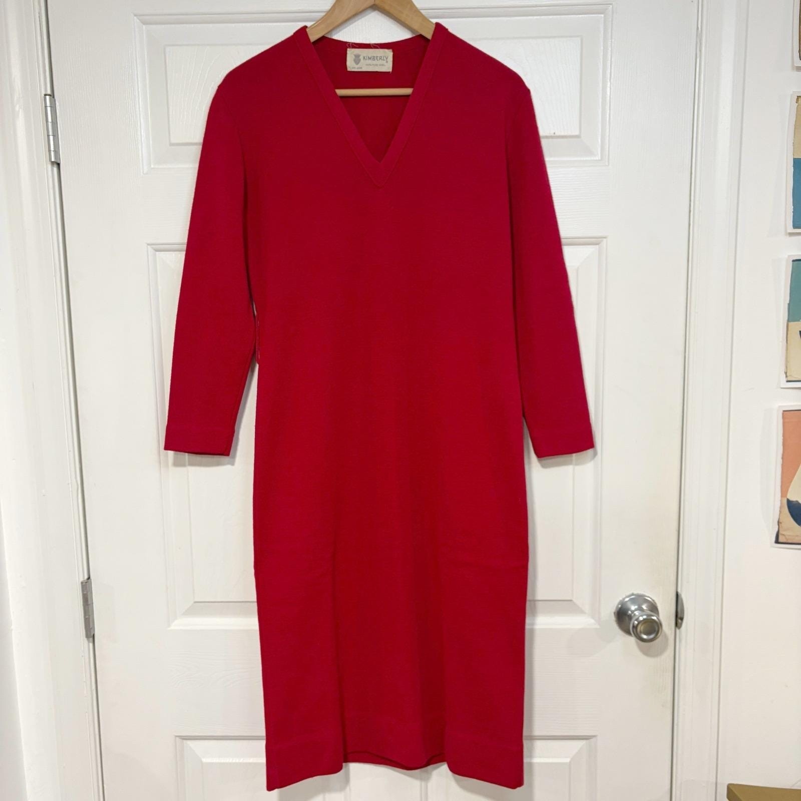 Vintage Kimberly Red Wool V-Neck Knit Midi Dress Union Made Long Sleeve Bodycon