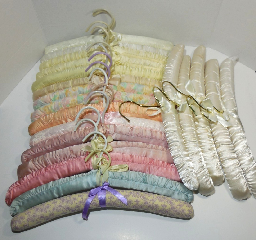 Vintage 15″ Padded Silk Satin Clothes Hangers Lot of 20 Multiple Colors READ
