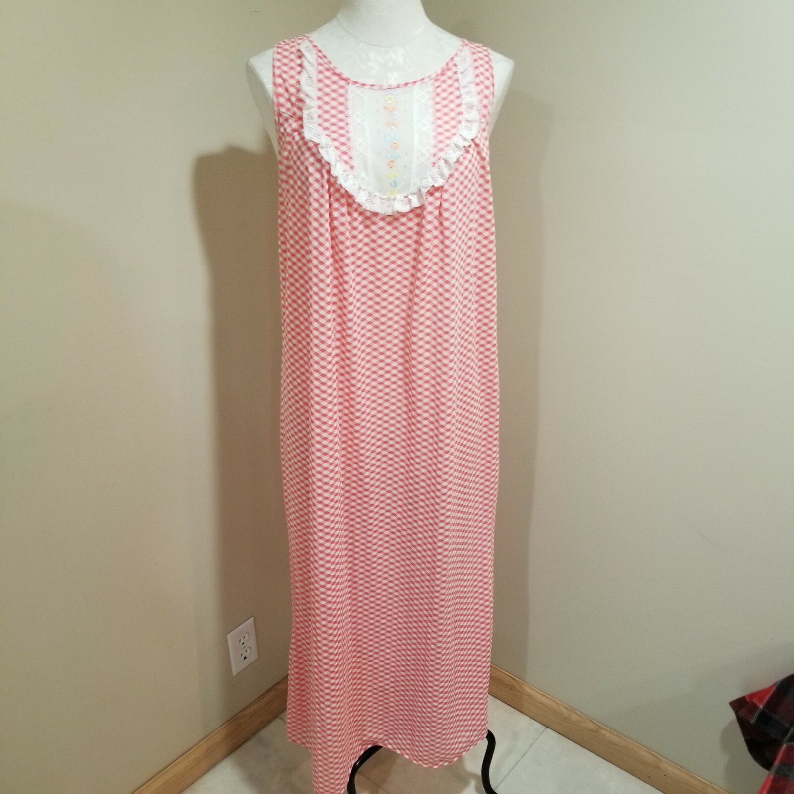 Vintage Exclusive Of Decoration Long Plaid Poly/Nylon & Lace Long Night Gown*szM
