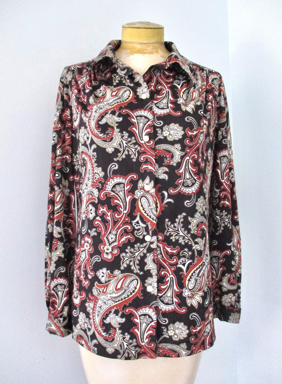 Vtg 70s Black Red Beige Paisley Polyester Knit Secretary Button Blouse Top L/XL