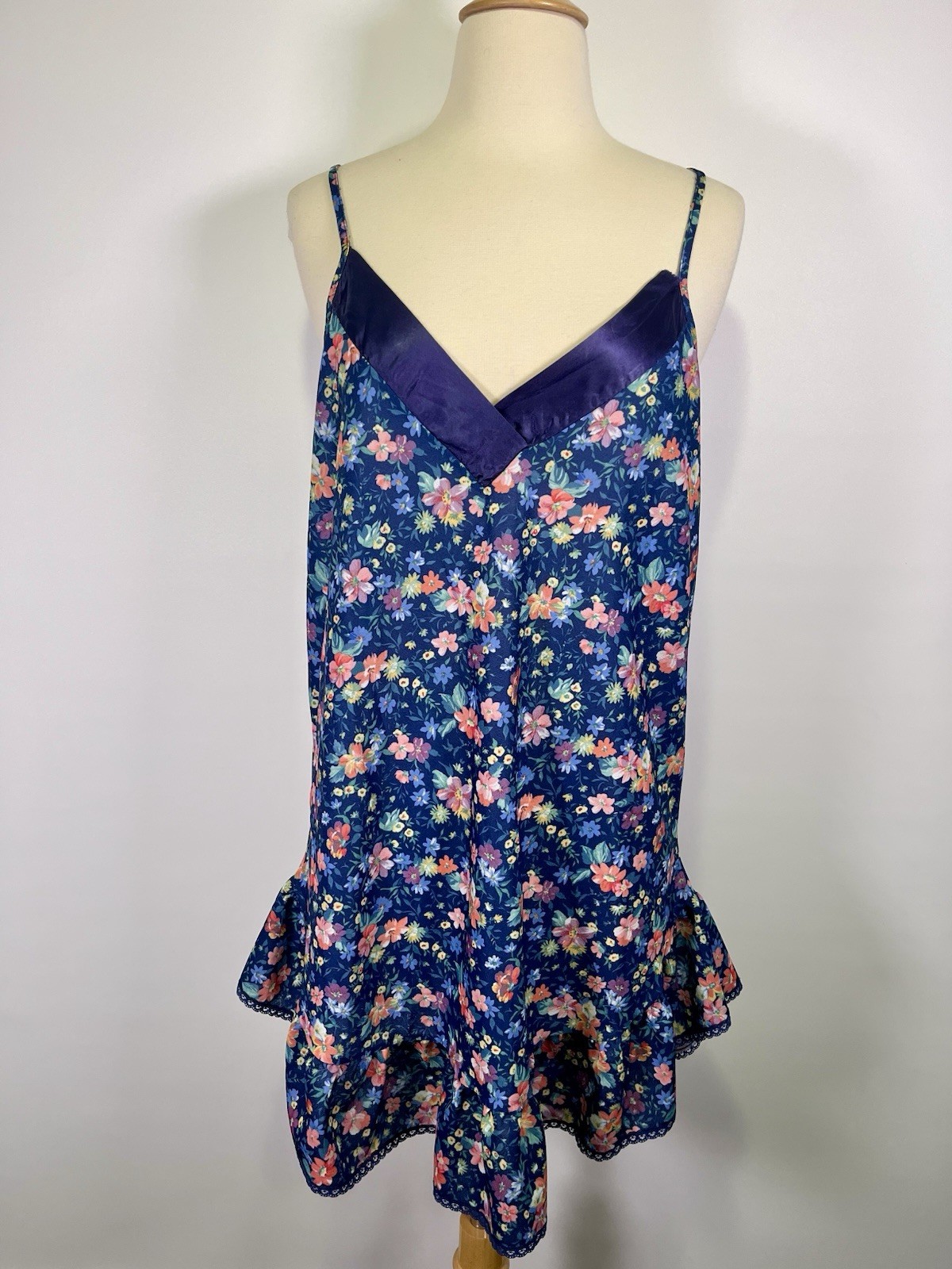 VTG 90s Lila Fashions Blue Babydoll Floral Slip Dress Ruffle Mini Large Lingerie