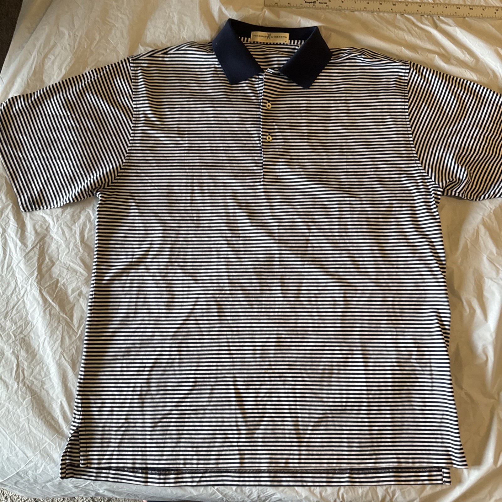 Vintage Men’s Fairway & Greene 100% Cotton Navy – White Stripes Polo Shirt L