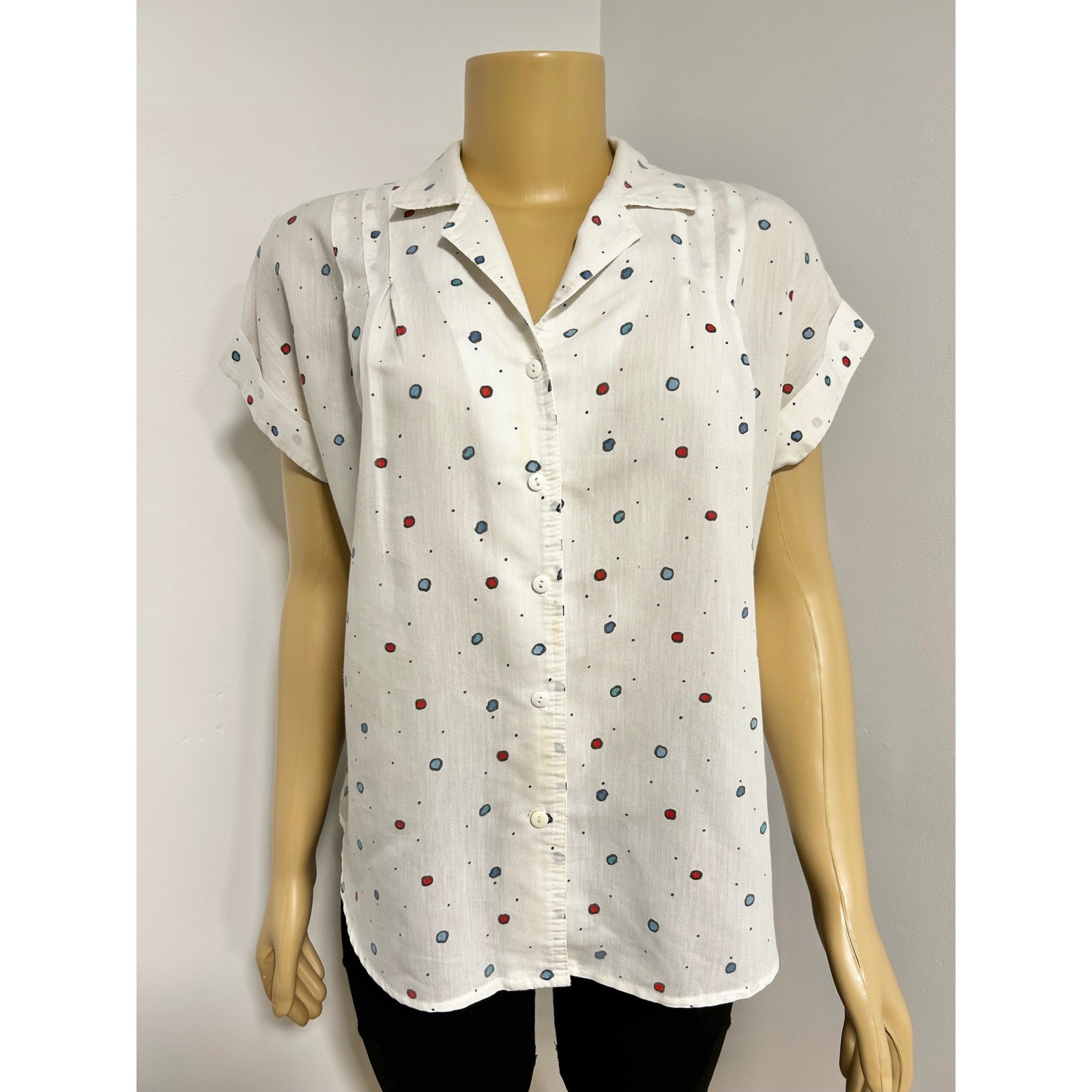 Cabrais 70s mod Vintage Short Sleeve Button Down Polka Dot Shirt White Red Blue
