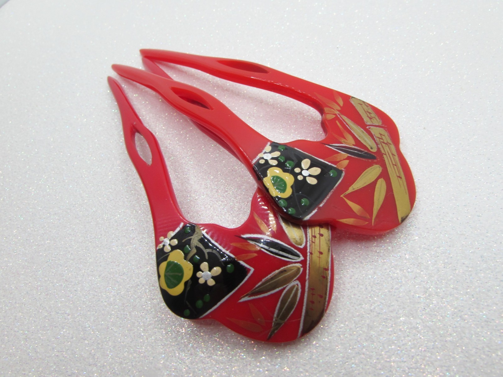 Vintage Red Japanese Kanzashi Hair Forks, Hand Painted Lacquer Floral Bun Pin