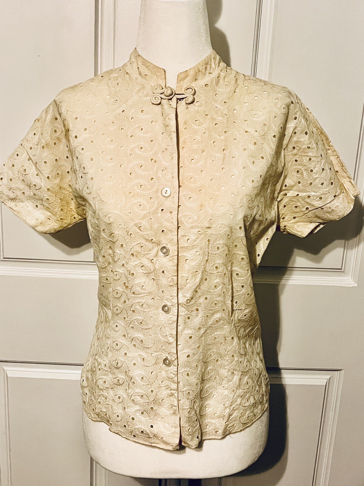 Vintage 1940s/50s Weber Original White Eyelet Embroidered Blouse Shirt Sz M