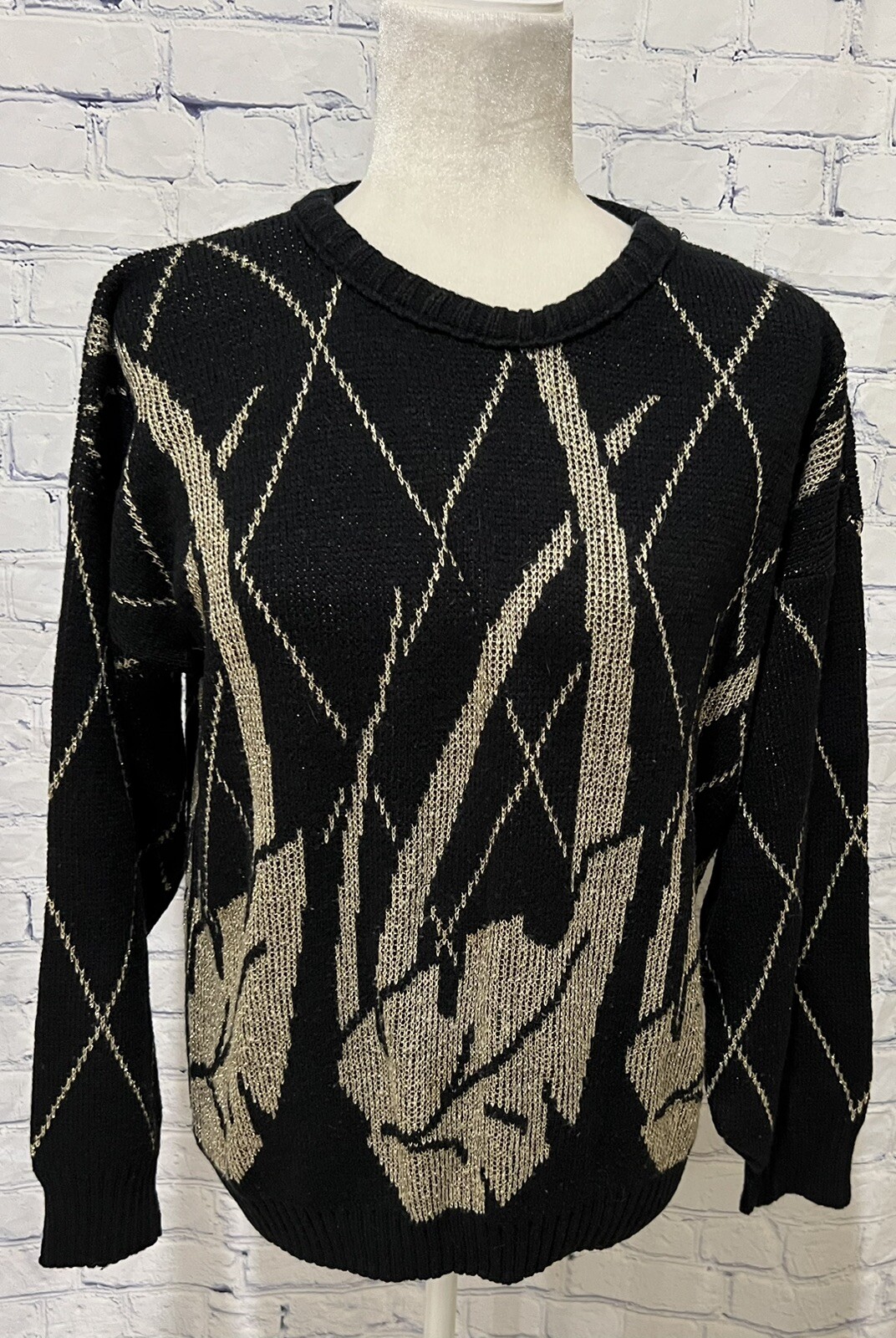 Vintage 80s Black and Metallic Gold Knit Pullover Sweater M
