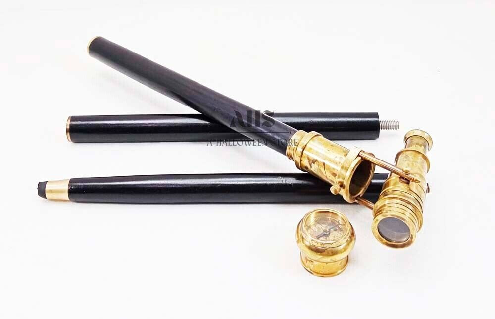 Antique Brass Telescope Compass Top Wooden Walking Stick Cane Mother’s Day Gift
