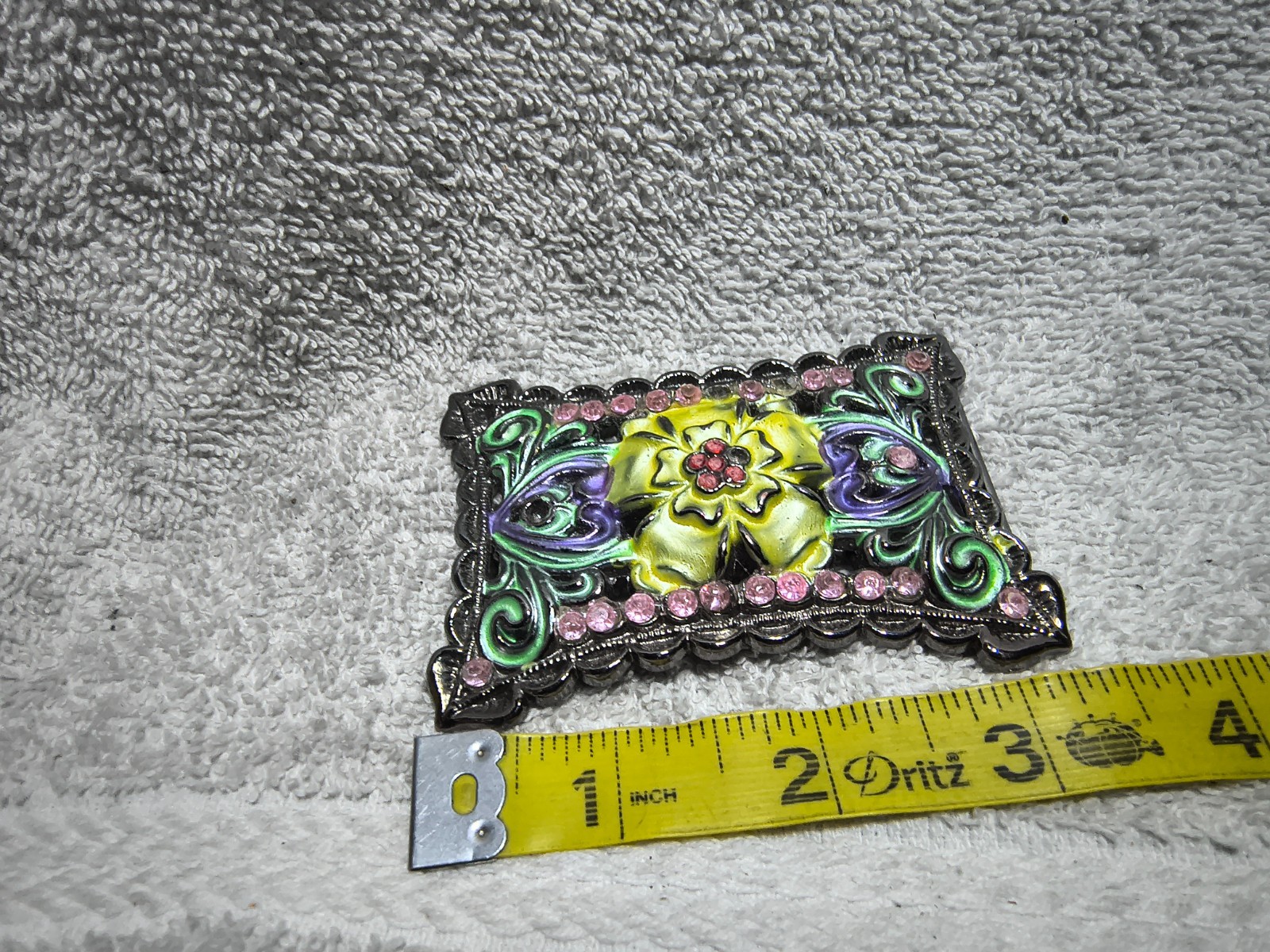 Pink Rhinestone Center Flower Mosaic Colors Rectangle Belt Buckle Usable Shape