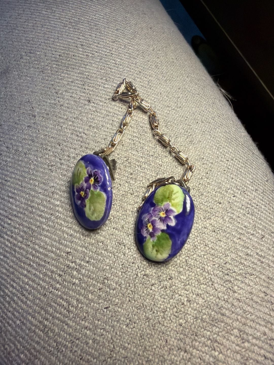 Vintage Hand Painted Porcelain Violet Flower Sweater Cardigan Clip