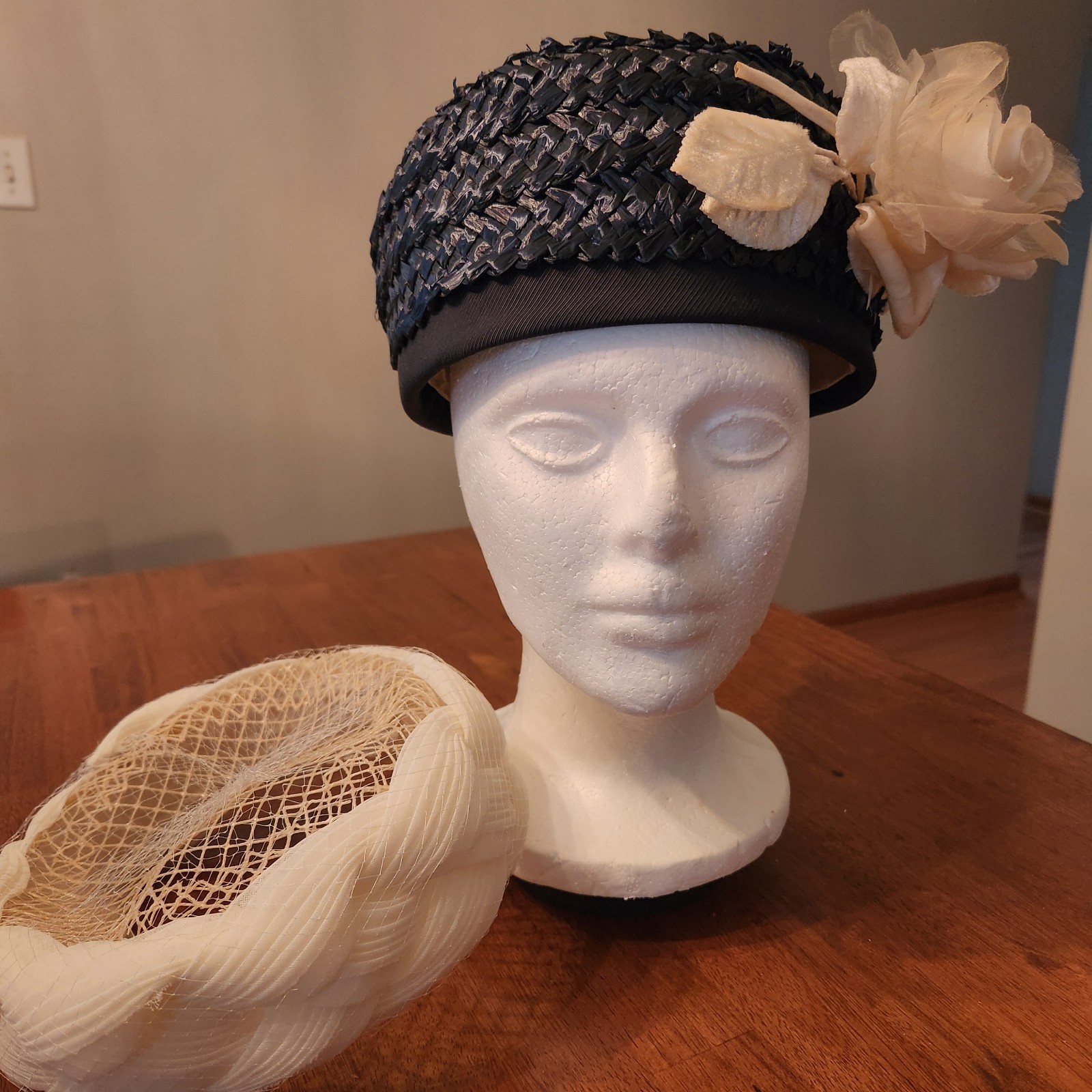 Vintage Women’s Hats Lot Of Two One Blue Straw With Flower Other Ivory Braided