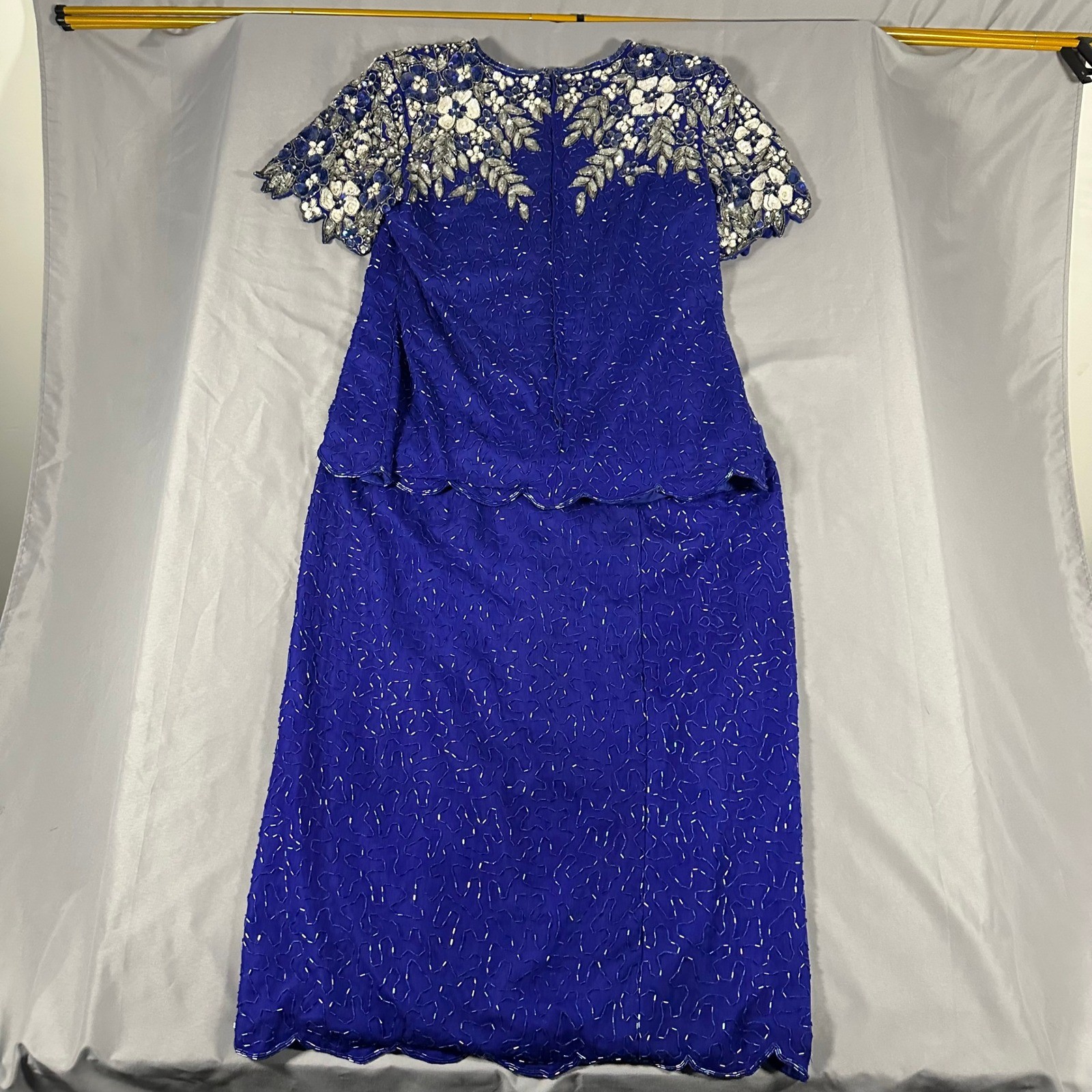 Stenay Beaded Silk Skirt Suit 14 Royal Blue Floral Sequin Vintage Excellent