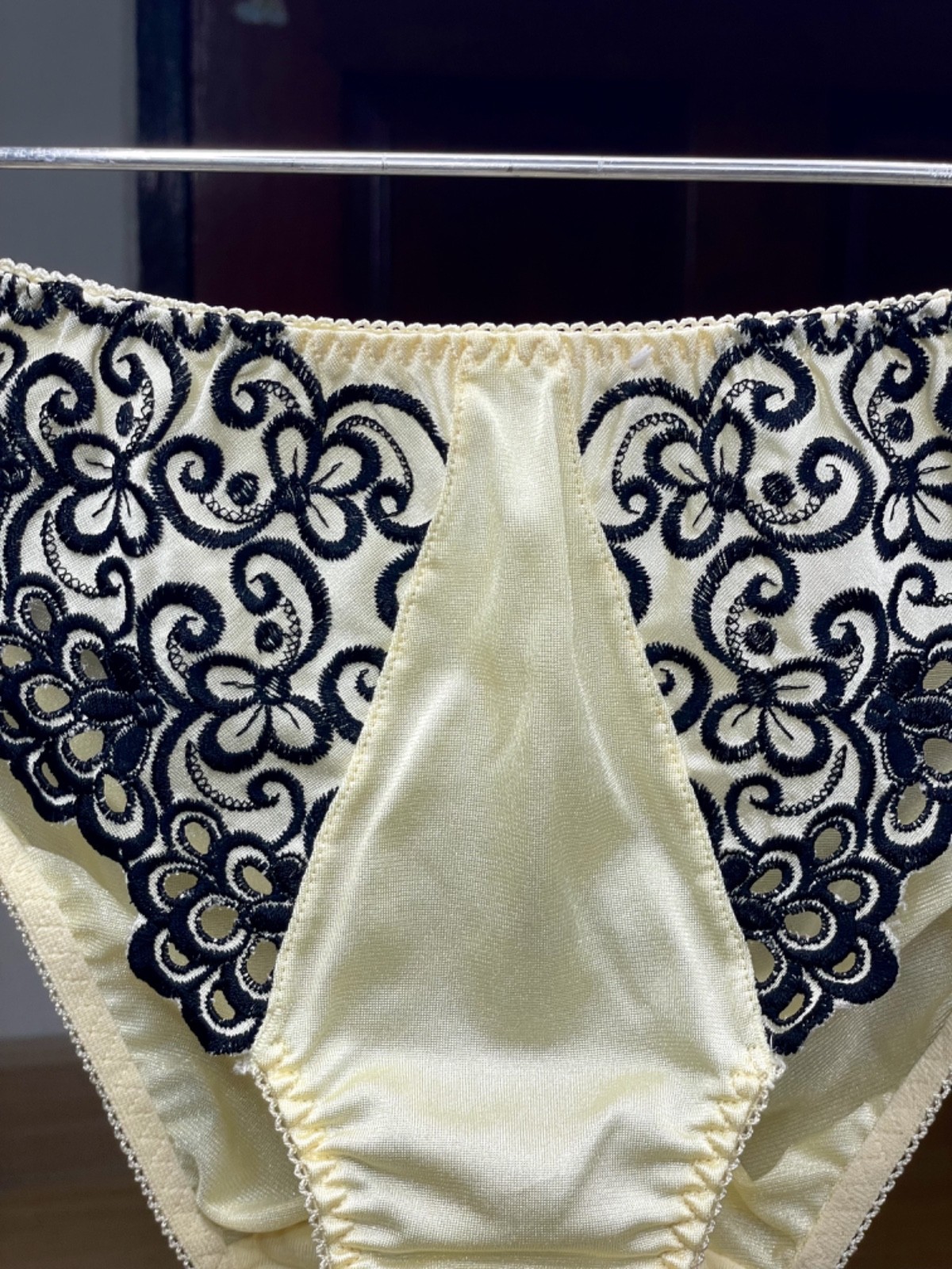Vintage Light Yellow Nylon Panty Slippery High Leg Briefs Black Lace Bikini Sz.5