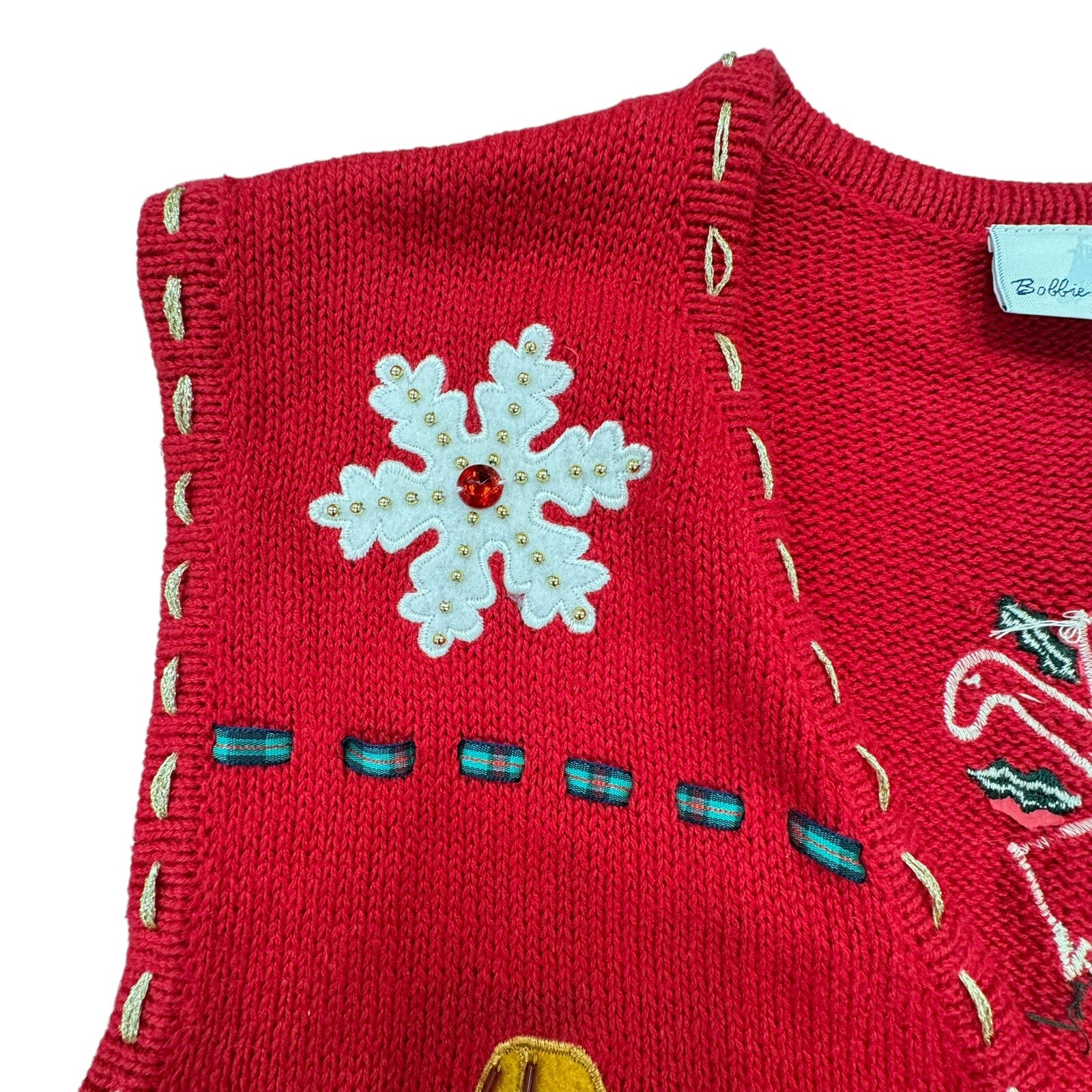 Vintage Bobbie Brooks Red Christmas Sweater Vest Cottage Core Womens Large JOY