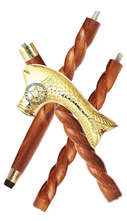 Spiral Brown Wooden Walking Stick with Brass Fish Handle Cane Designer Gift