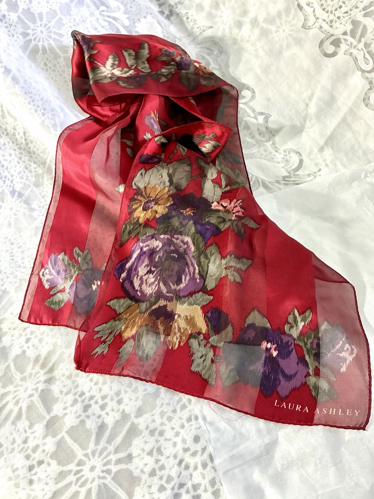 Vintage 80’s Laura Ashley English Countryside Scarf Floral Crimson Red Signed