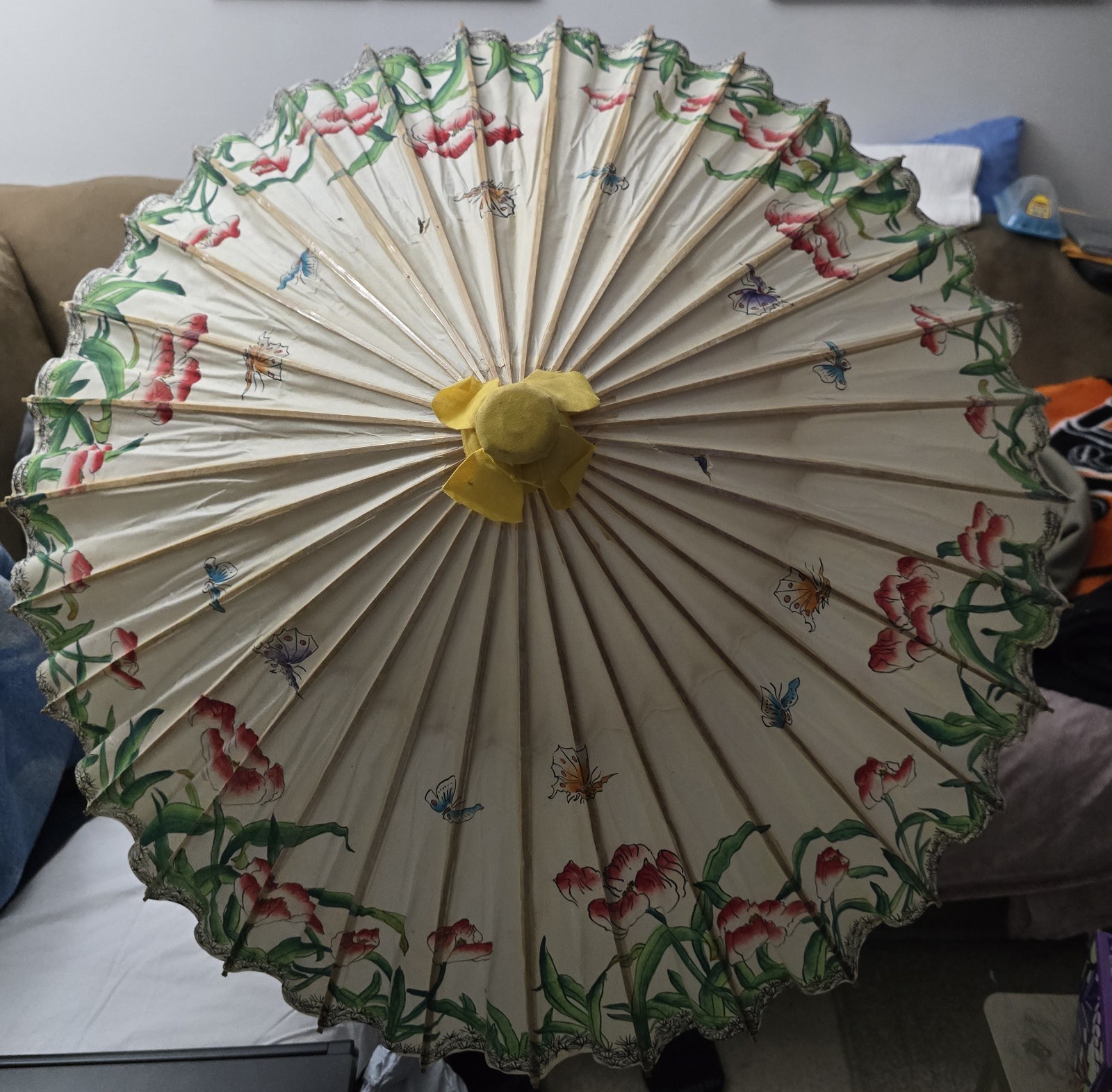 Vintage Hand Made Parasol Japanese With Butterfly’s Bamboo And Paper