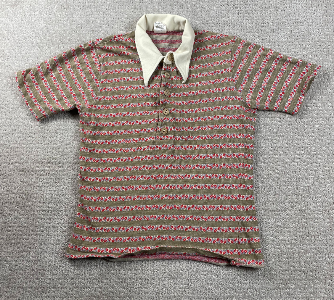 Vintage 70s Hang Ten Polo Shirt Sz S Floral Hibiscus Hawaiian Brown Striped Surf
