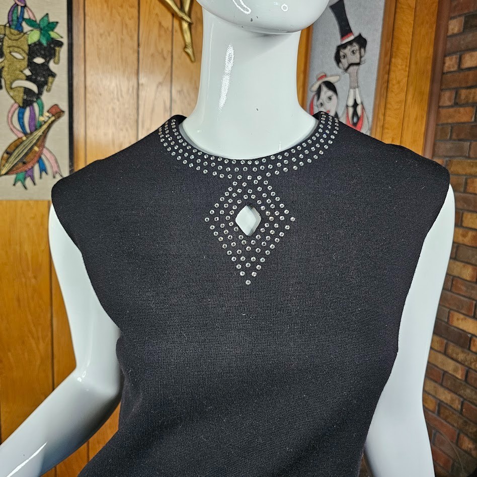 Vtg 60s Mod Space Age Rhinestone Necklace Cut-Out Diamond Mini Party Dress M/L