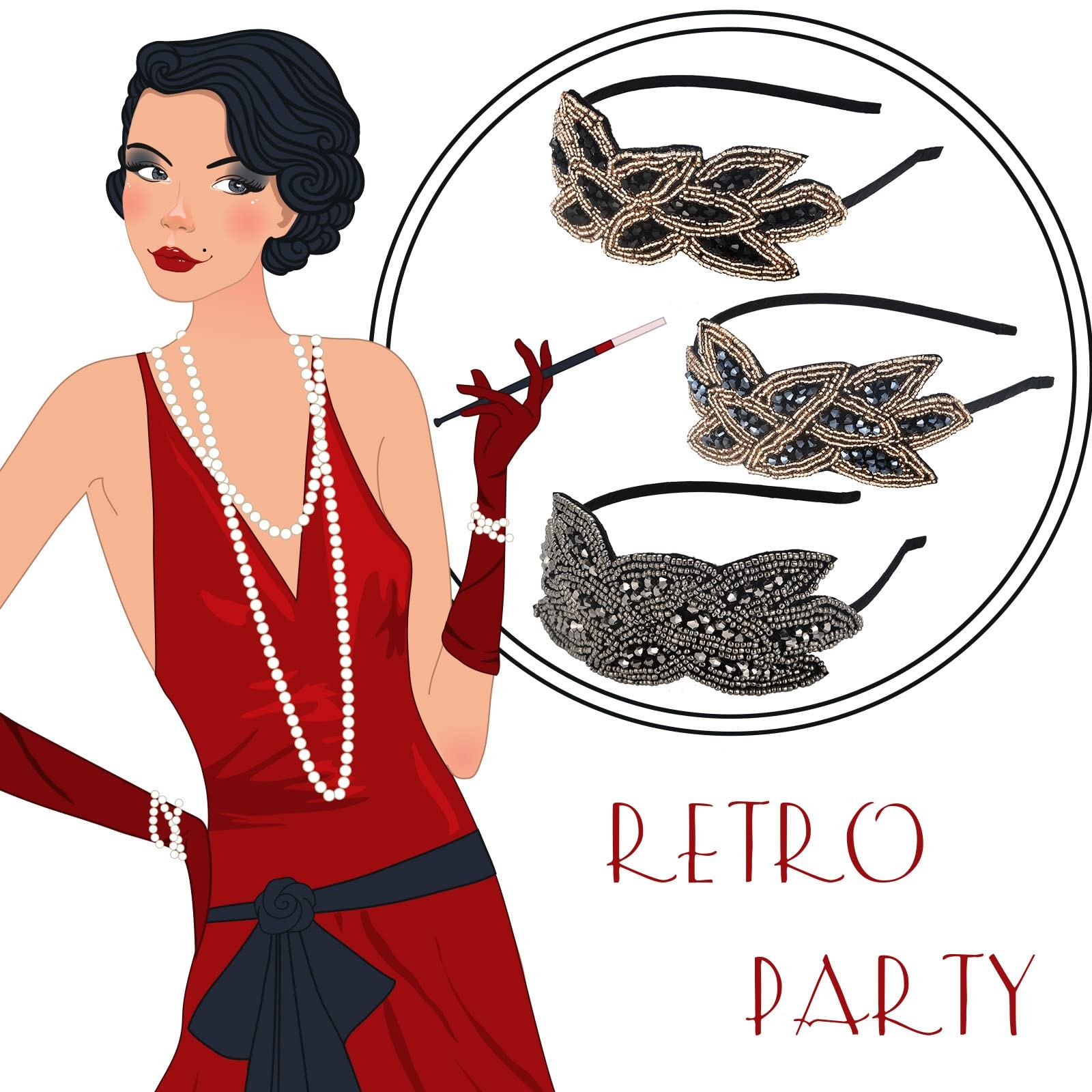 Tatuo 3 Pieces 1920s Flapper Headbands for 3 Count (Pack of 1), Color Set 1