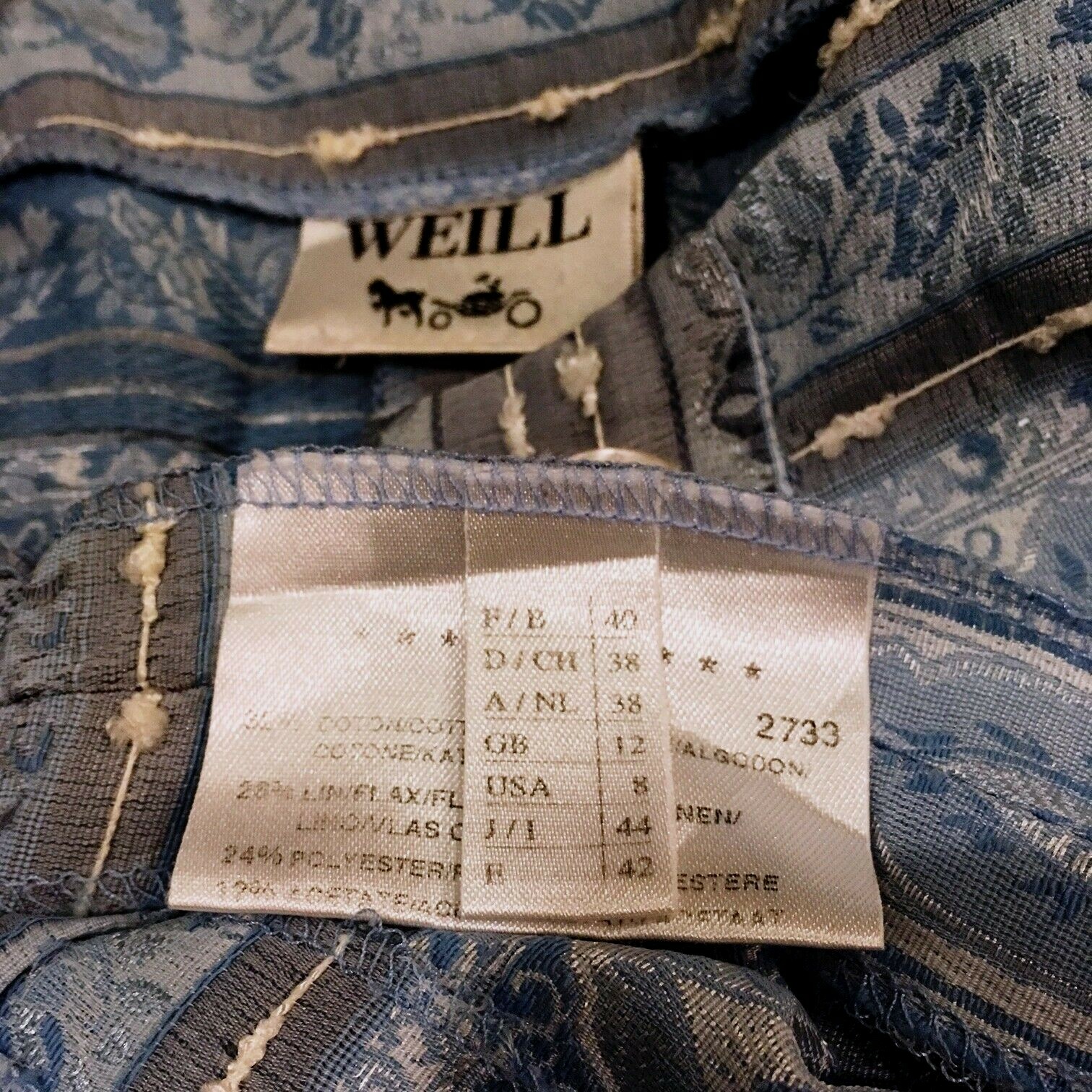 WEILL Designer Skirt Suit Set Blue Baumwolle & Linen Blend Preppy France Size 8