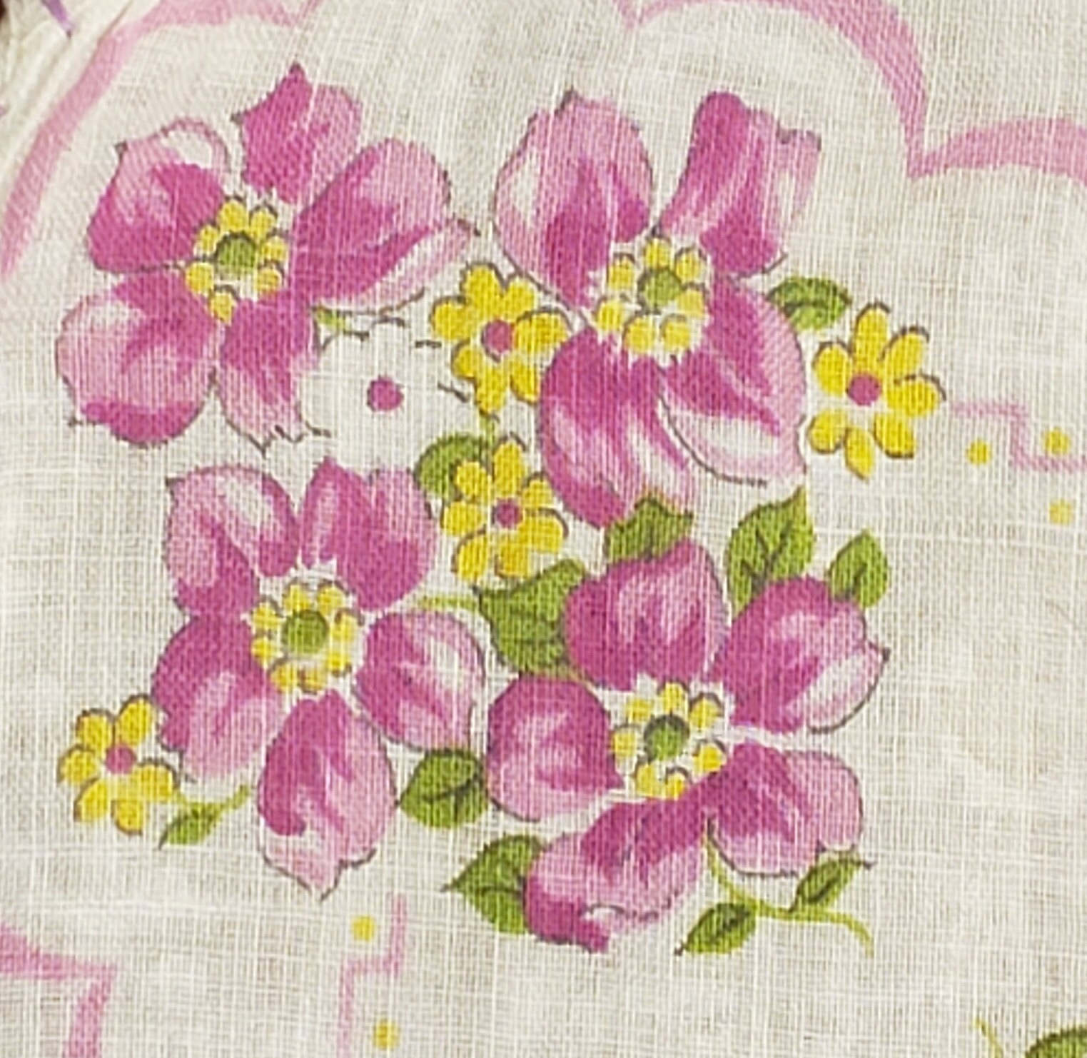 Vintage Floral Hankie, Retro Purple, Yellow and White Flower with Green Leaves