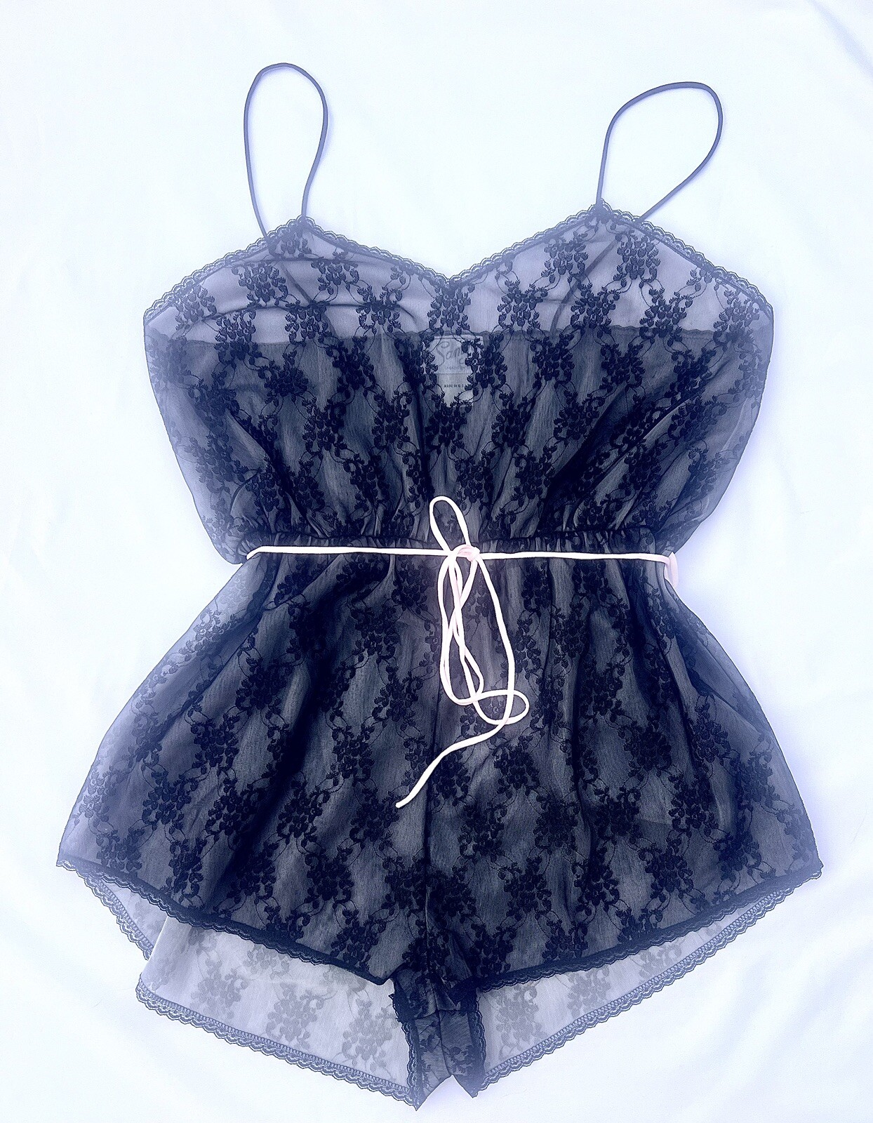 Vintage Samye Nightie Black Lace Pink Bow Large