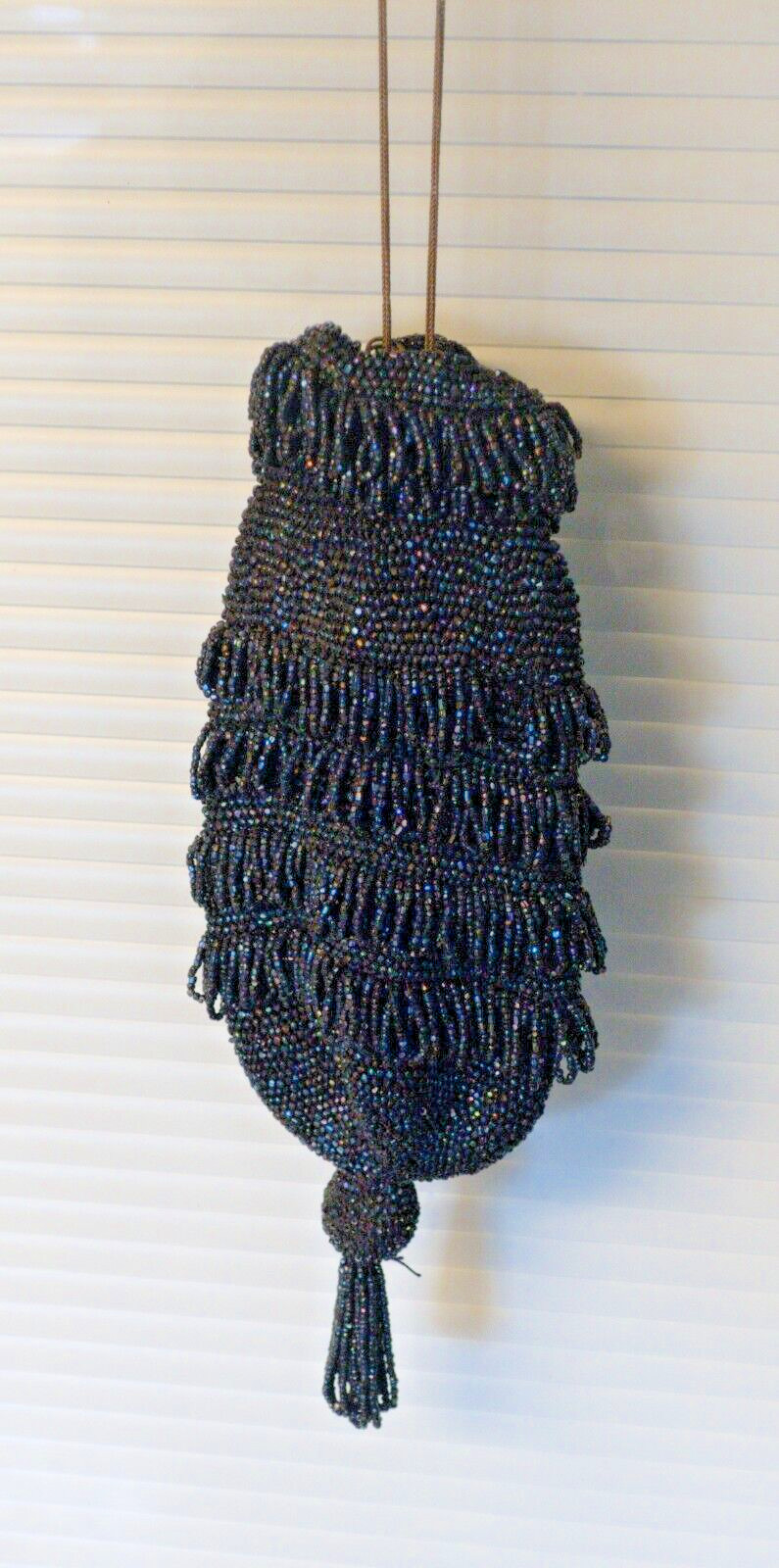 Antique Vtg Black Beaded Purse Victorian Evening Bag Fringe Lined Flapper Deco