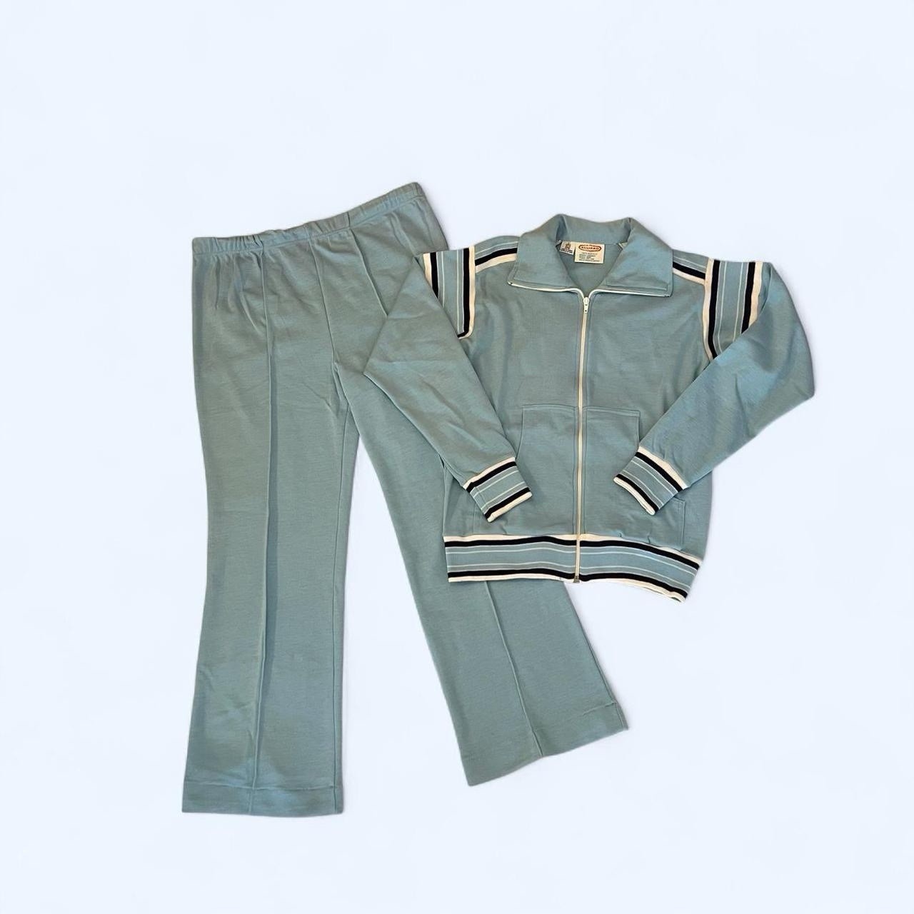 Vintage 70s All Pro Tracksuit Mens L Flare Leg Tennis Warmup Blue Knit Striped