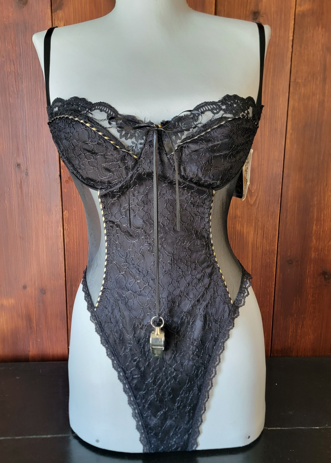 Vintage 90s Sachet Teddy Bodysuit NWT Black Lace Underwire Snap Crotch Whistle M