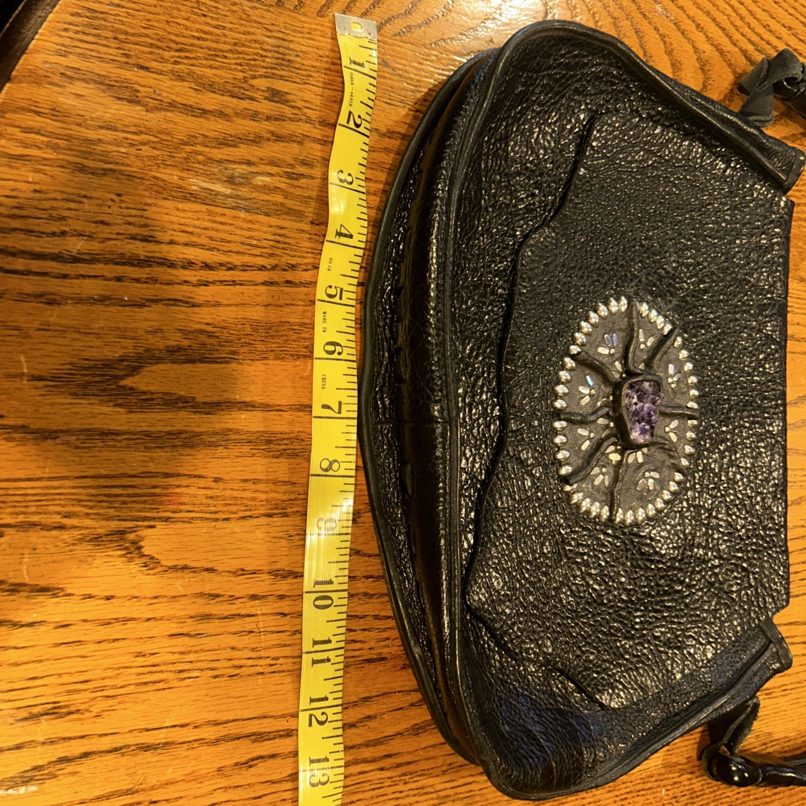One Of A Kind, Handcrafted, Black Leather Bag Purple Crystal And Silver Accents