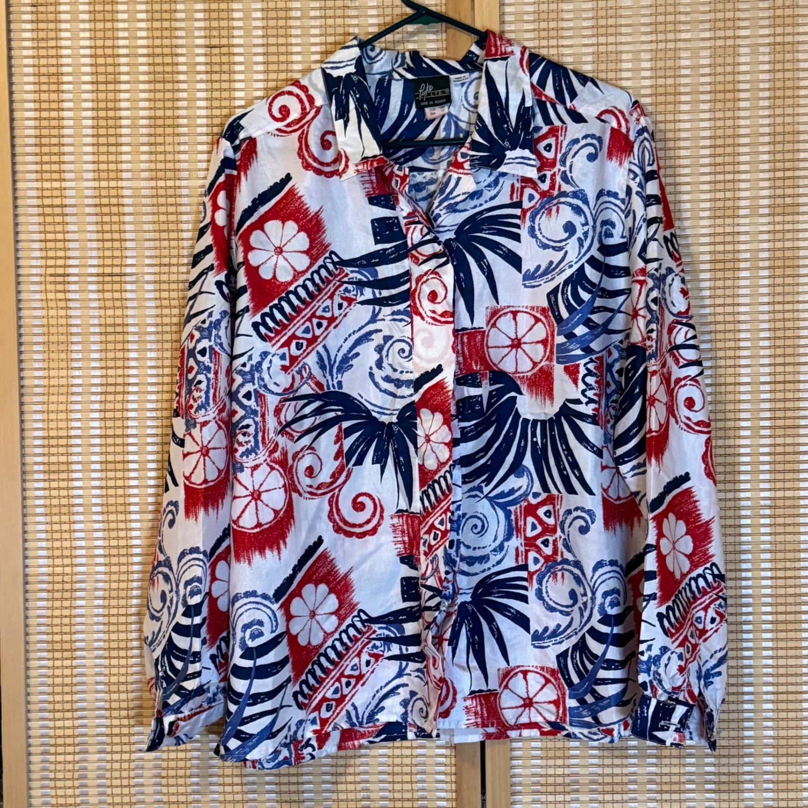 Pyke LTD Vintage Red White Blue Abstract Tropical Floral Button Down Blouse 16