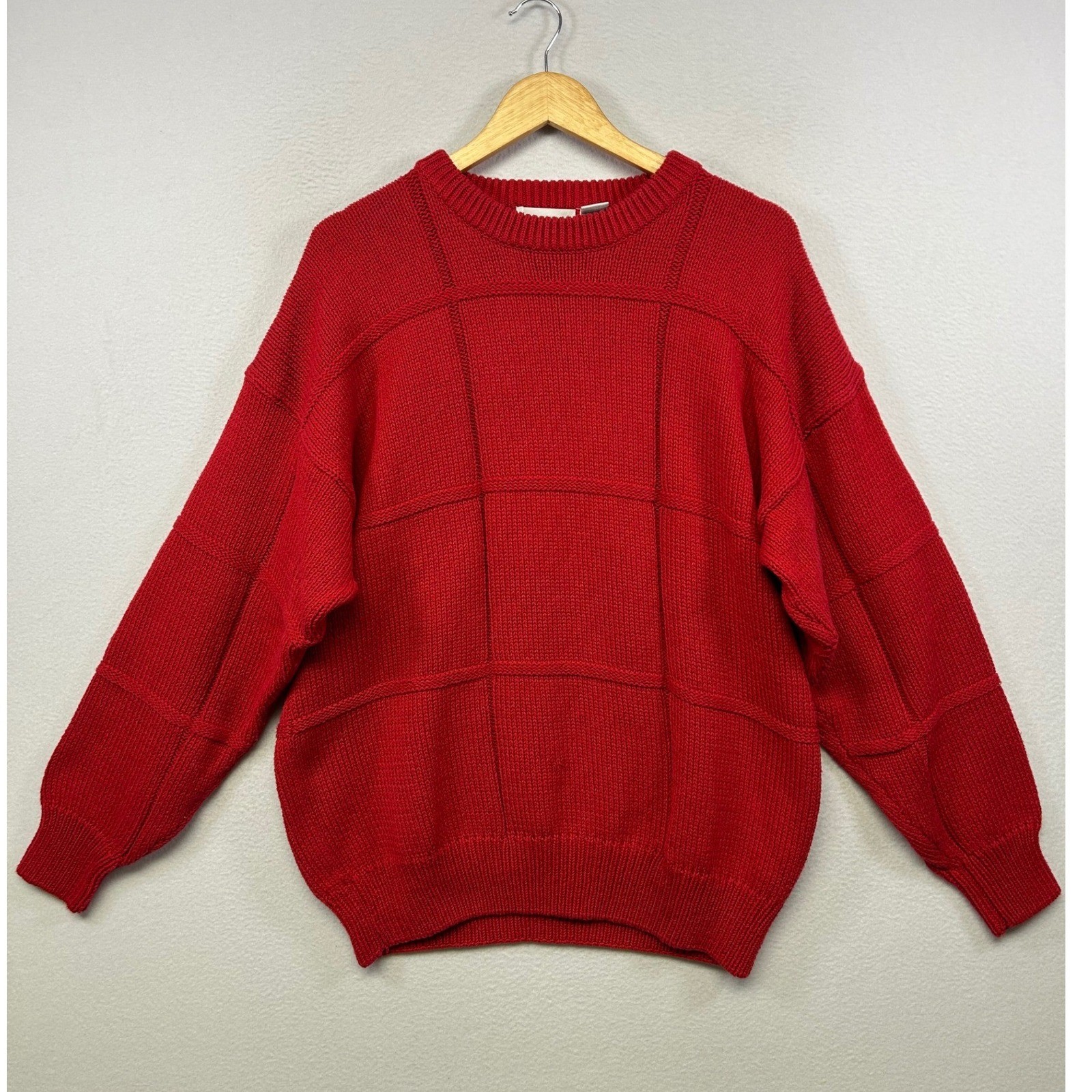 Vintage Grandpacore Brian MacNeil Mens XL Red Textured Grid Cotton Knit Sweater
