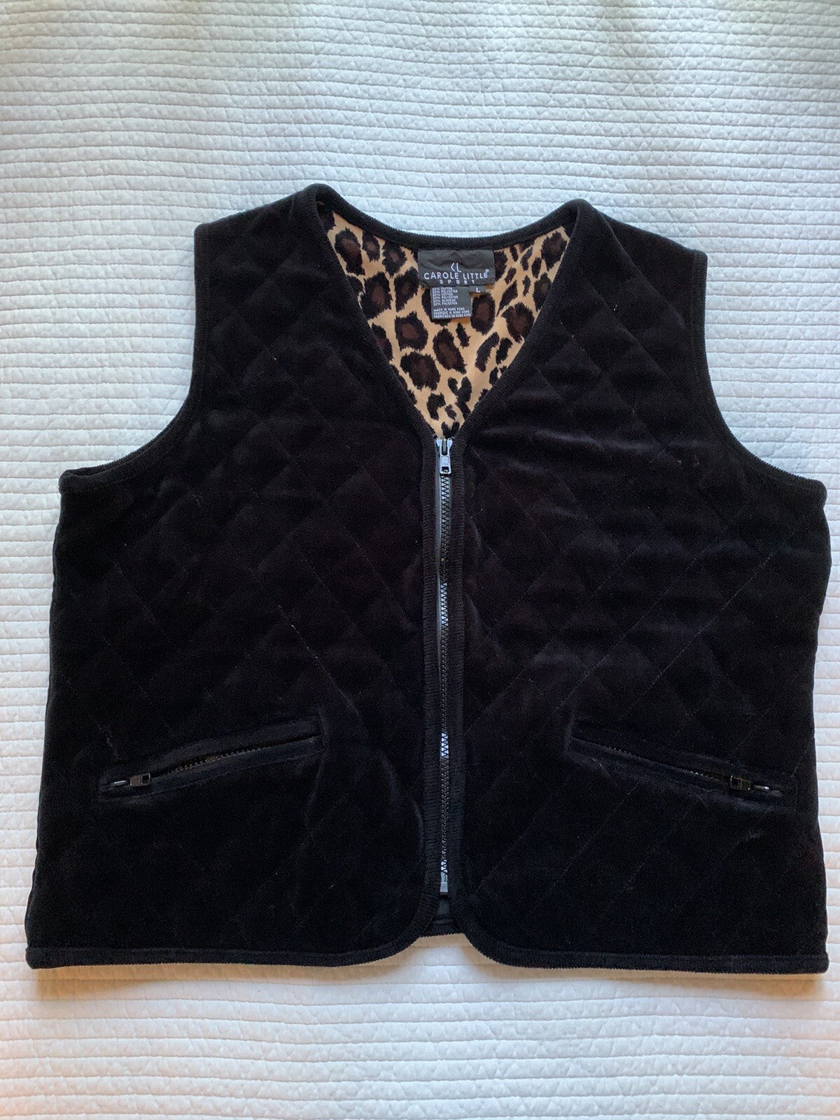 Vtg ‘Carole Little Sport’ Sz L Bust 42 Black Quilted Corduroy Vest Zip Pockets