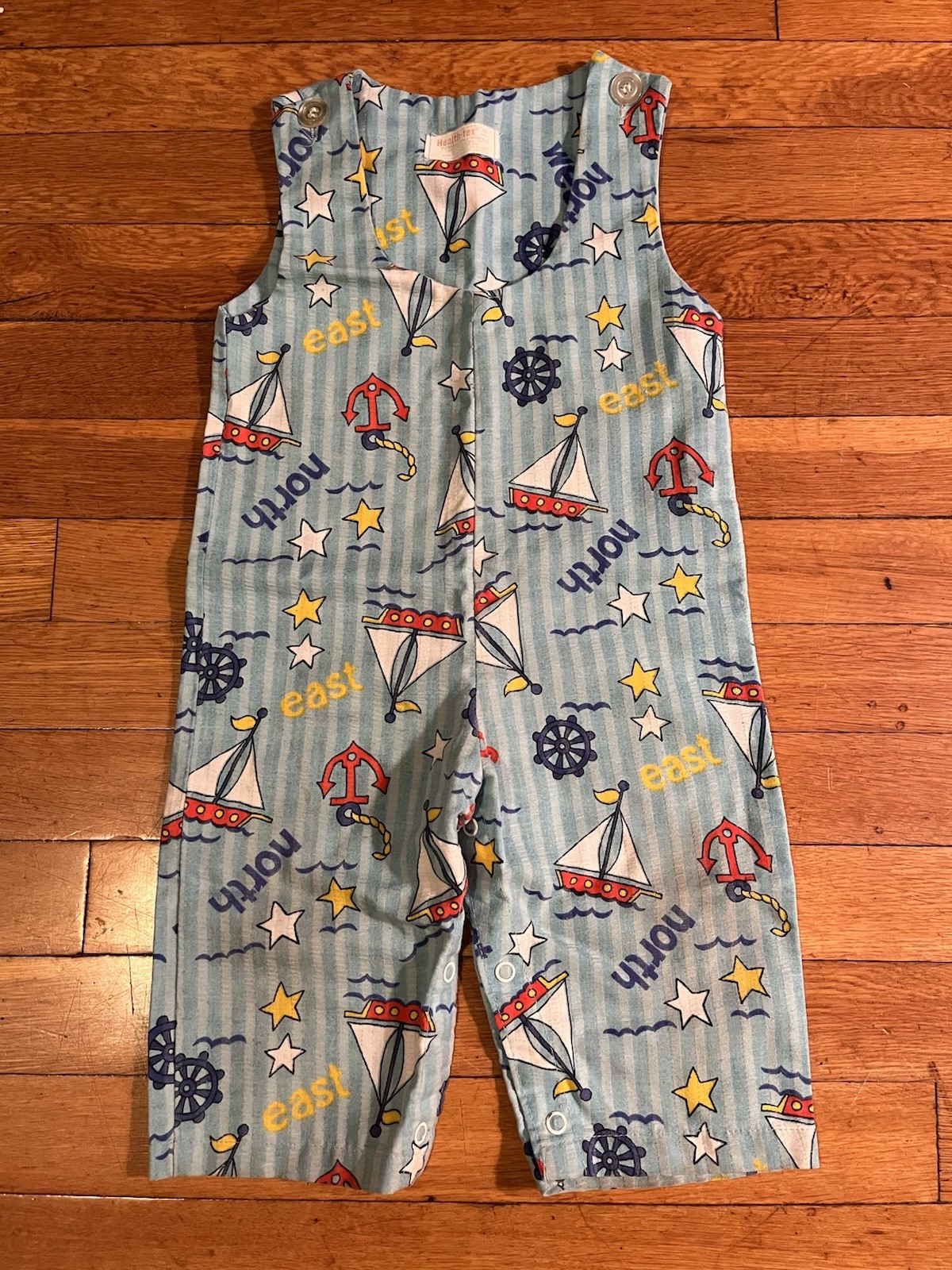 VINTAGE Health-tex Sailboat Overalls Romper Boy’s 18 Months Blue Striped 70s