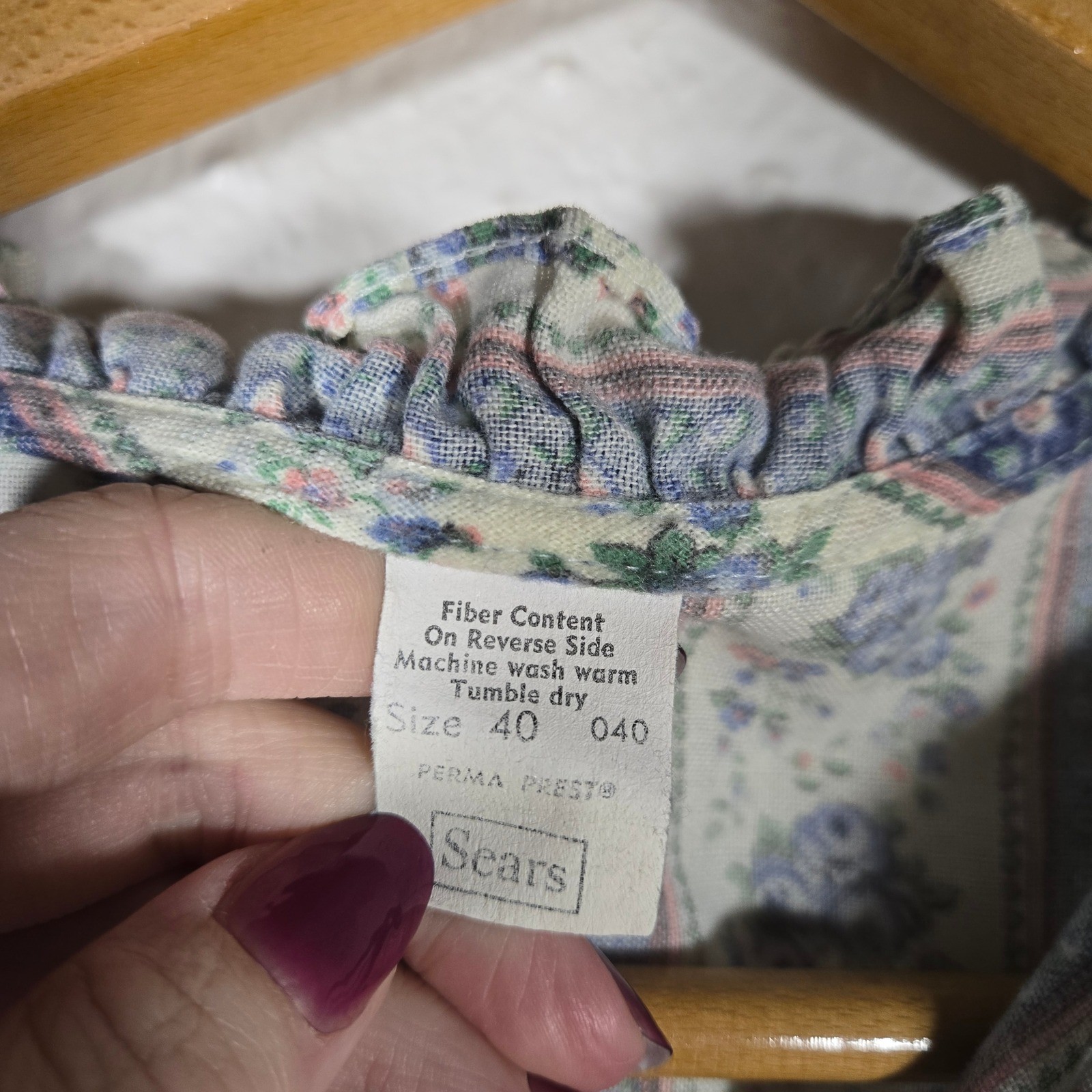 Vtg Retro Peasant Floral Stripe Blouse 40 Blue Ruffle Neck Americana Faded
