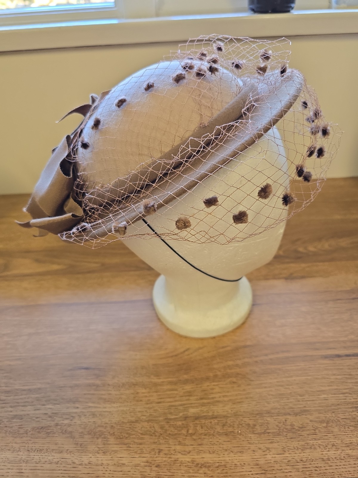 Adolfo II Taupe Felt Hat with Veil | Bollman Excello Wool | Vintage Designer