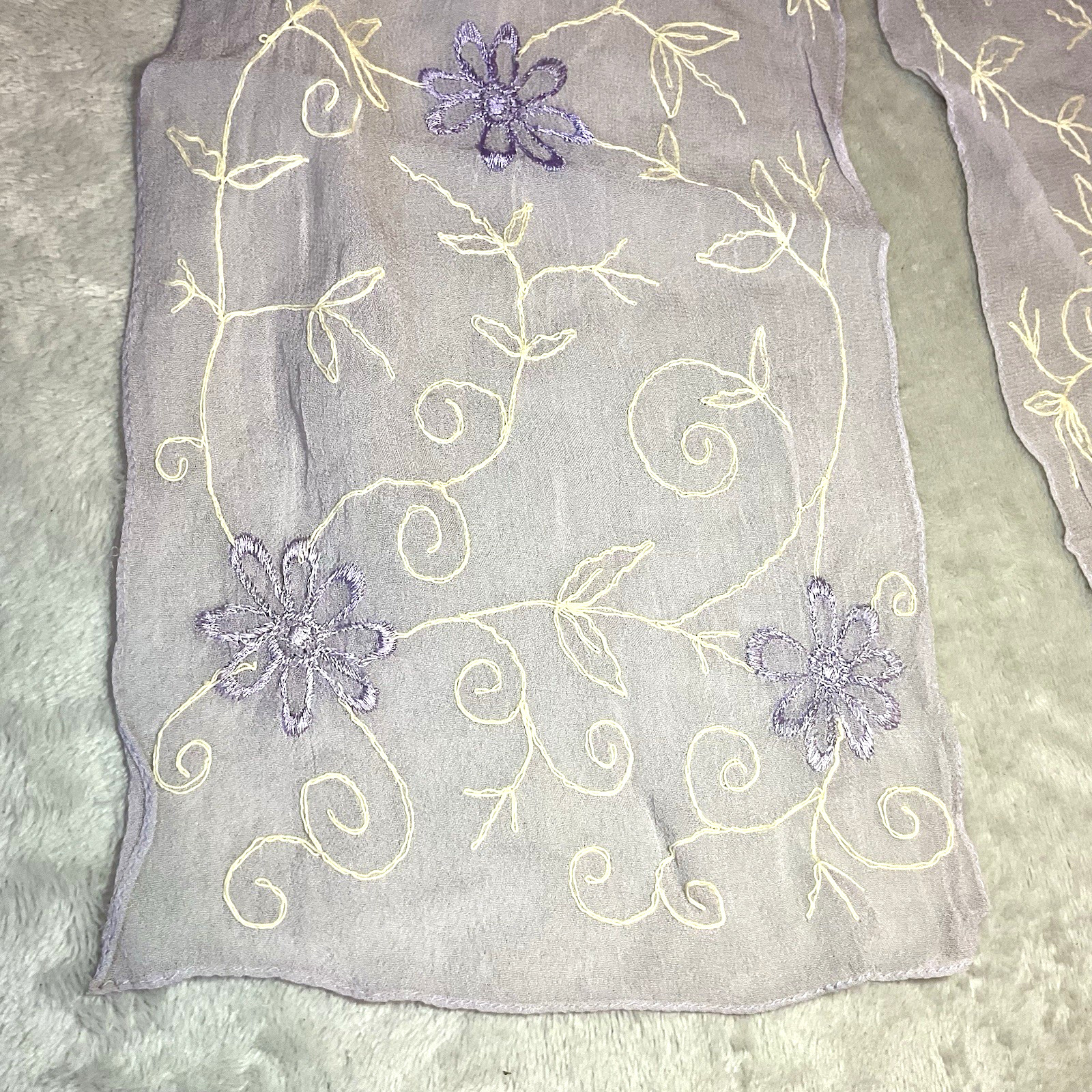 Vintage Berkshire Scarf Chiffon Rayon Lavender Purple Embroidered Floral 53 Long