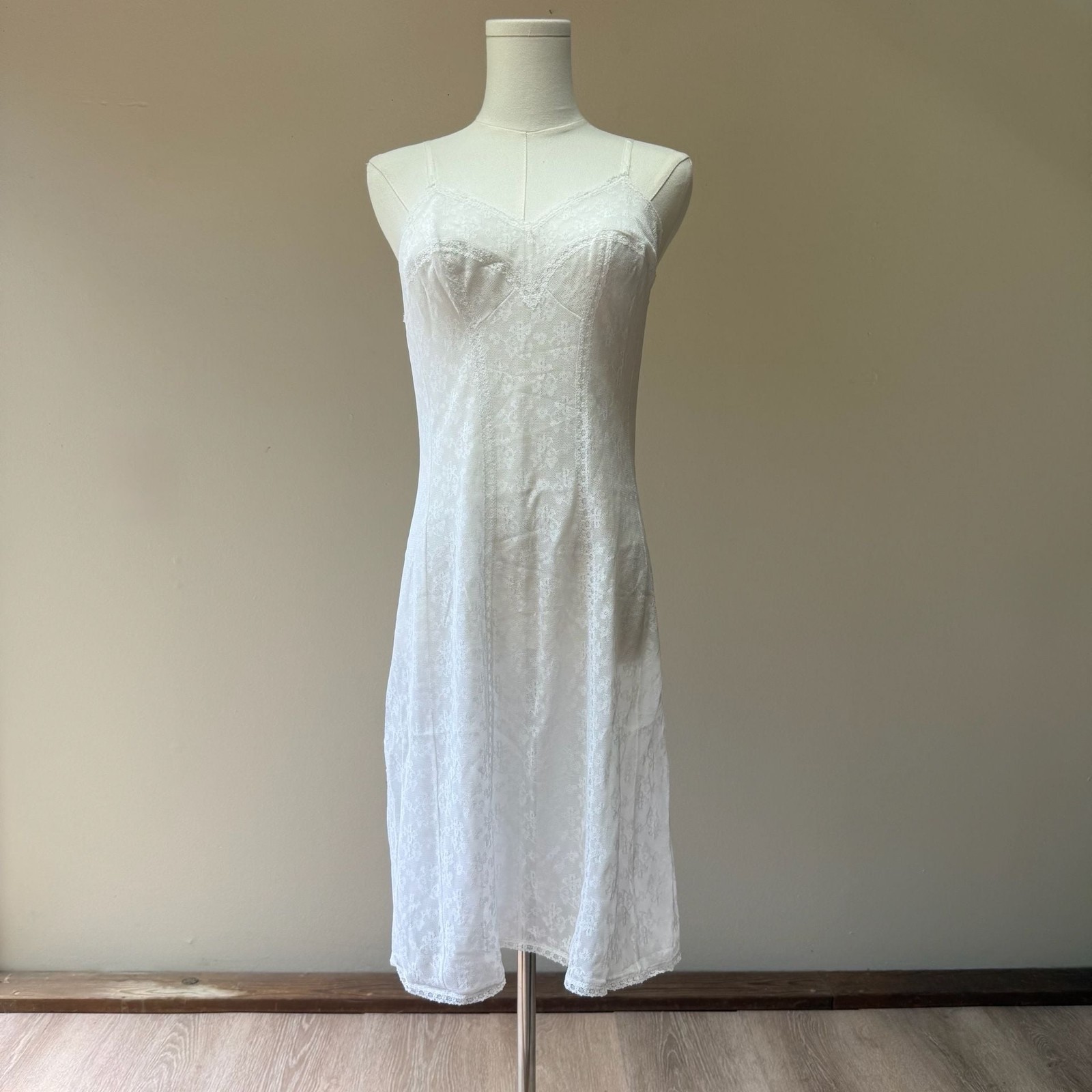 Vintage Perlon White Floral Lace Camisole Slip Dress