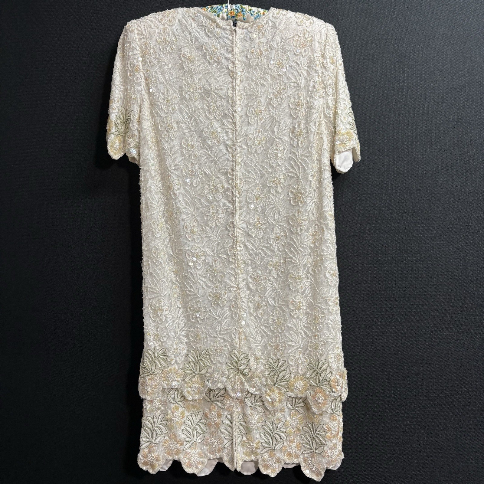 Vintage Laurence Kazar NY Beaded Sequin Ivory Cocktail Dress L Formal Evening