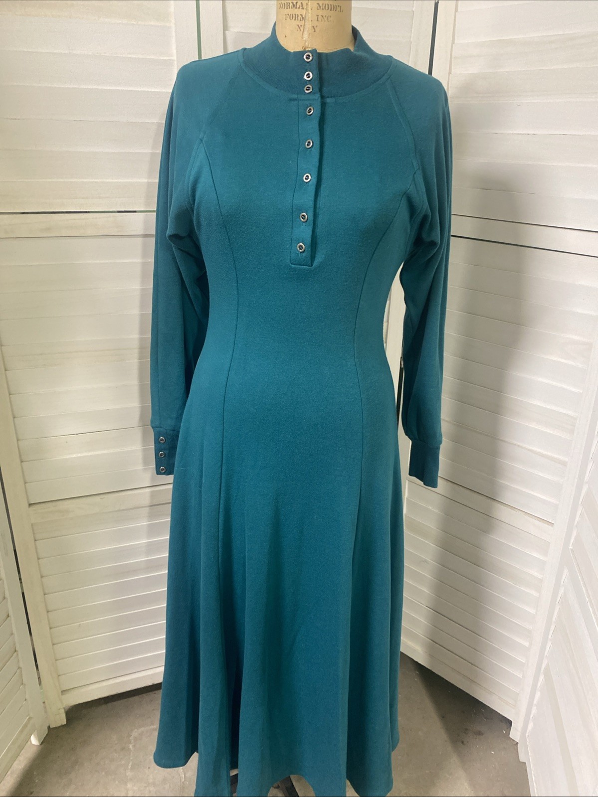 Vintage Together! 80s Women’s Medium Knit Cotton Green Dress Maxi A Line USA