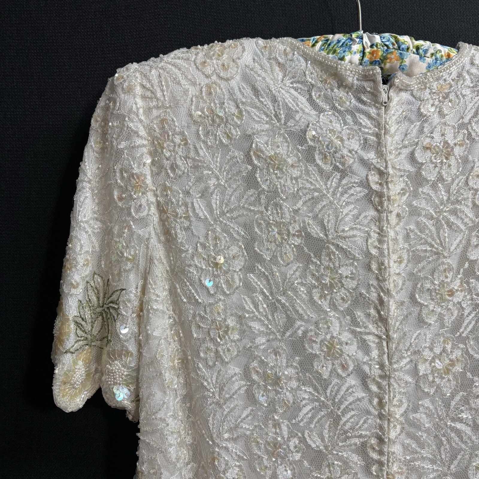 Vintage Laurence Kazar NY Beaded Sequin Ivory Cocktail Dress L Formal Evening