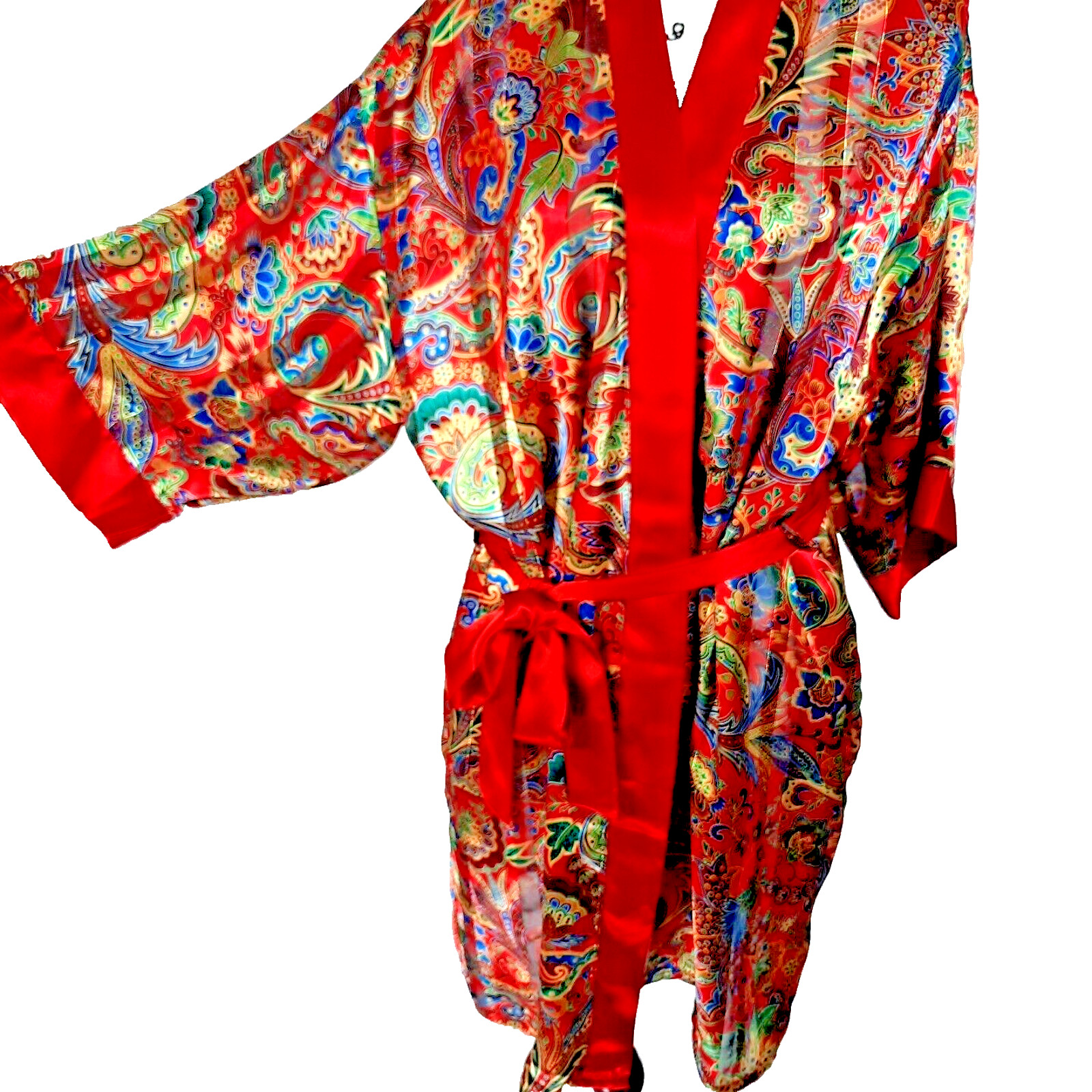 Vintage Inner Most Sheer Metallic Satin Paisley Kimono Robe Size M Red Blue