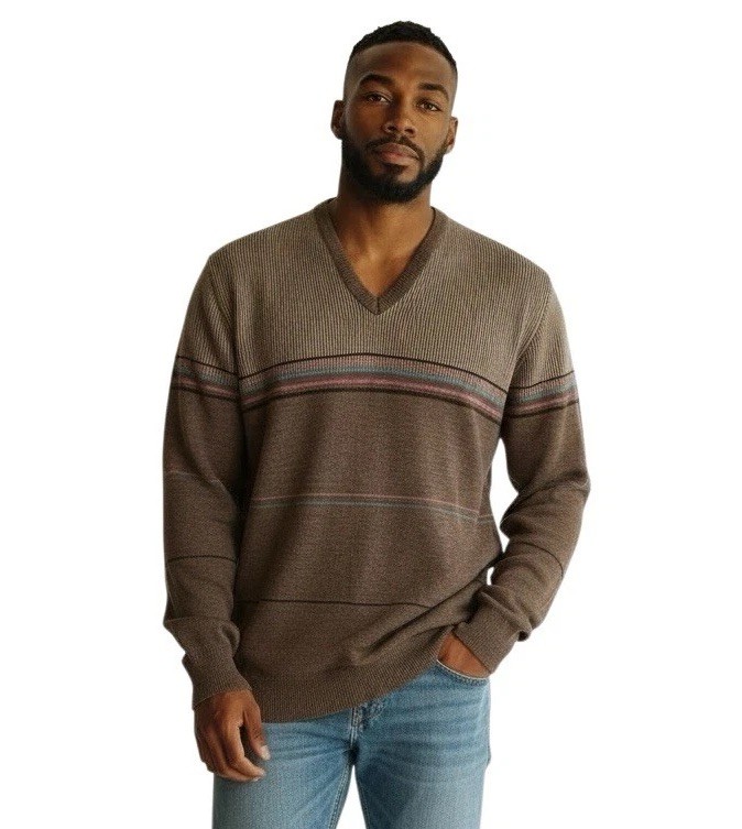 Vintage 70s Robert Bruce Wool Blend V-Neck Sweater Brown Stripe Size LT
