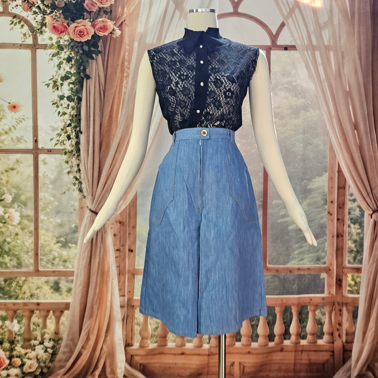 Vintage 1960s Blouse Jo-Lynn Black Floral Lace Sleeveless Pearly Button Bow Top
