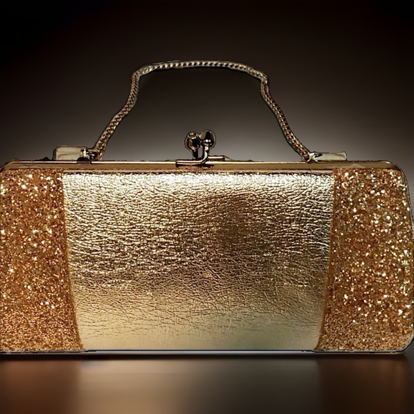 Vintage Metallic Gold Glitter Clutch w/ Hideaway Chain, Formal Accessories. NEW