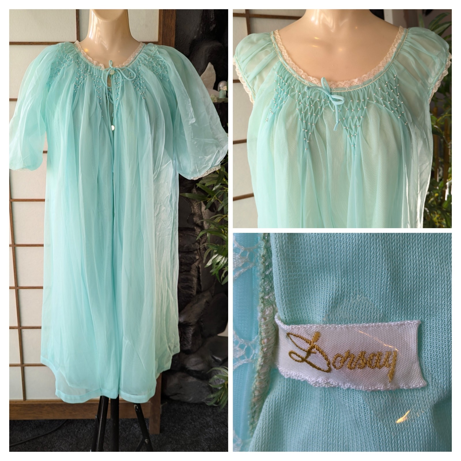 Vtg 60s Dorsay Seafoam Smocking Chiffon Peignoir Set Dressing Gown Robe Sz M