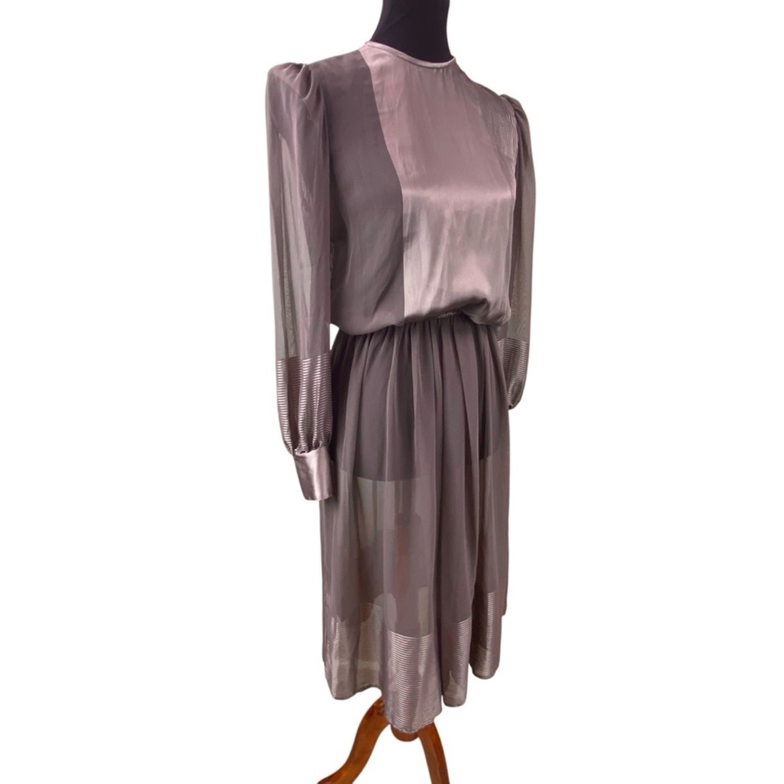 Vintage Long Sleeve Sheer Midi Dress Size 10 Petite Rosy Brown